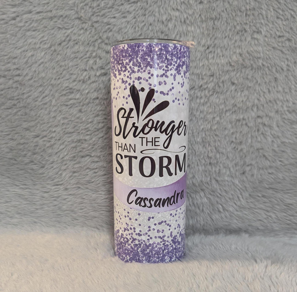Stronger Than the Storm Tumbler with A Ribbon Butterflies and Glitter Design, Purple Ribbon, Show Her Your Support, Includes Reusable Straw