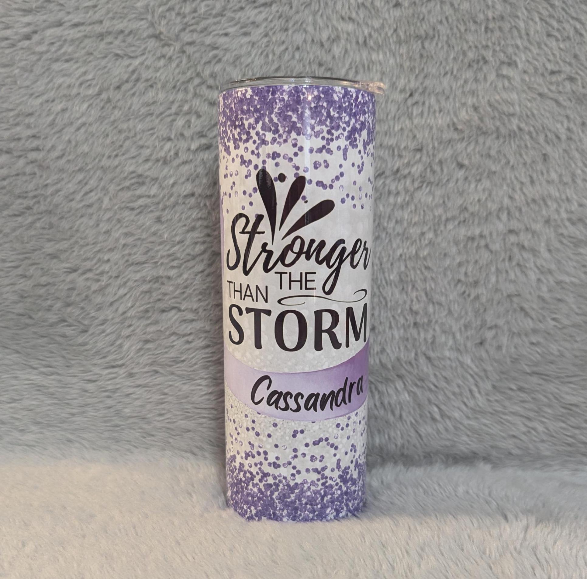 Stronger Than the Storm Tumbler with A Ribbon Butterflies and Glitter Design, Purple Ribbon, Show Her Your Support, Includes Reusable Straw