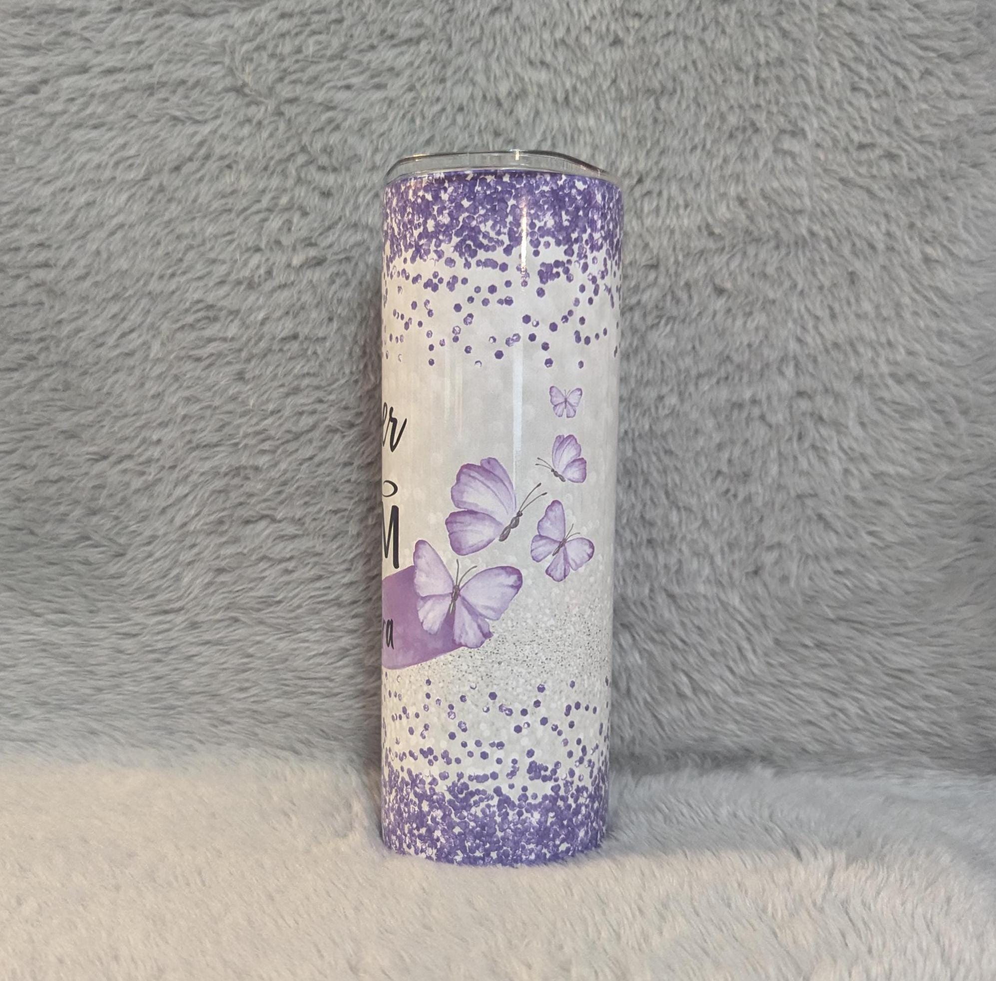 Stronger Than the Storm Tumbler with A Ribbon Butterflies and Glitter Design, Purple Ribbon, Show Her Your Support, Includes Reusable Straw