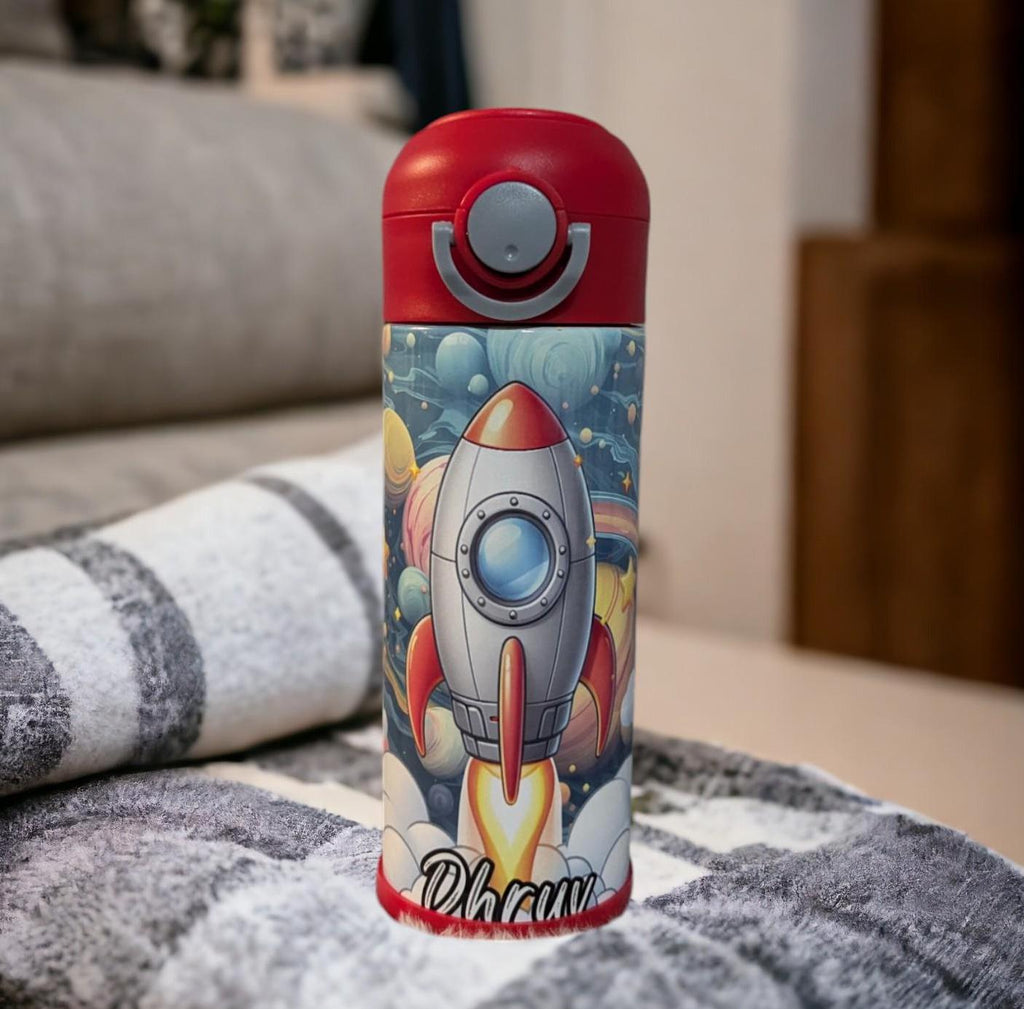 Kids Cartoon Rocket Design Water Bottle 12oz With Reusable Straw Can Be Personalized
