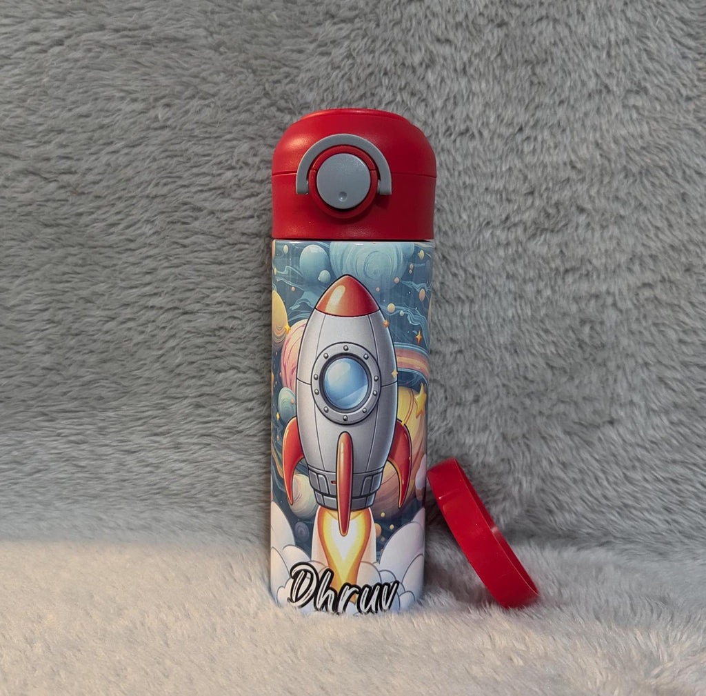 Kids Cartoon Rocket Design Water Bottle 12oz With Reusable Straw Can Be Personalized
