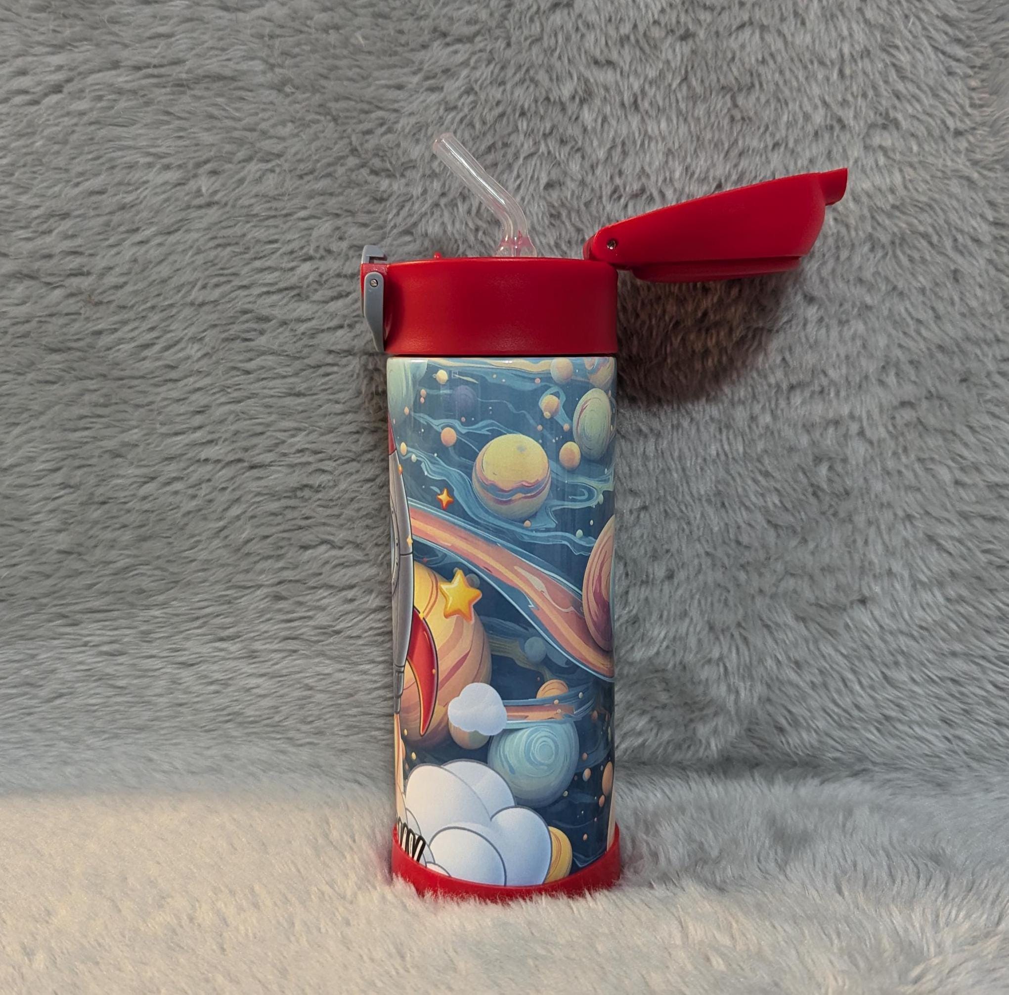 Kids Cartoon Rocket Design Water Bottle 12oz With Reusable Straw Can Be Personalized