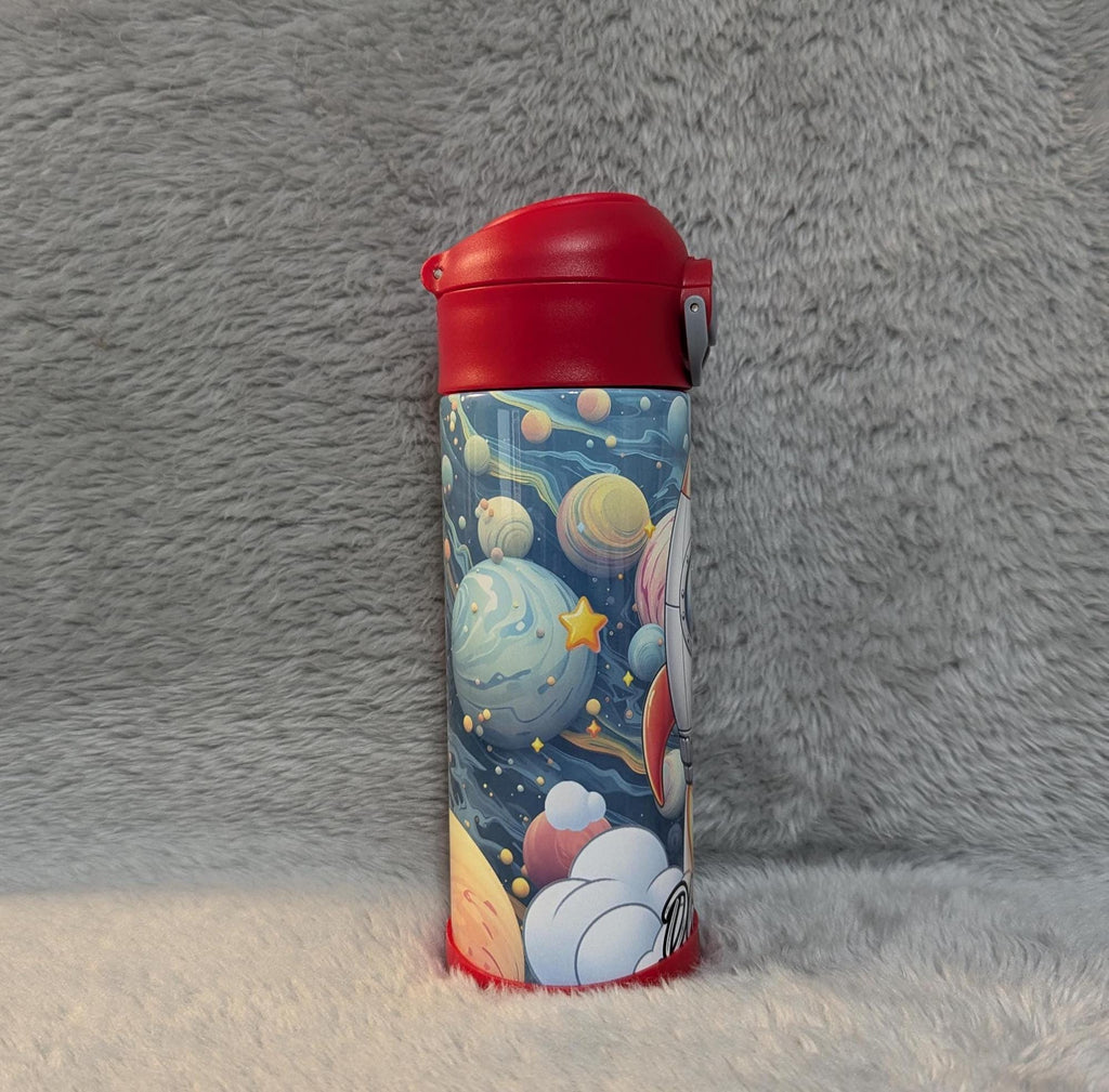 Kids Cartoon Rocket Design Water Bottle 12oz With Reusable Straw Can Be Personalized