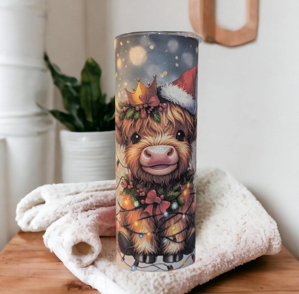 Cute Highland Cow Christmas Tumbler Can Be Personalized, Includes A Reusable Straw, For Hot Cold Beverages