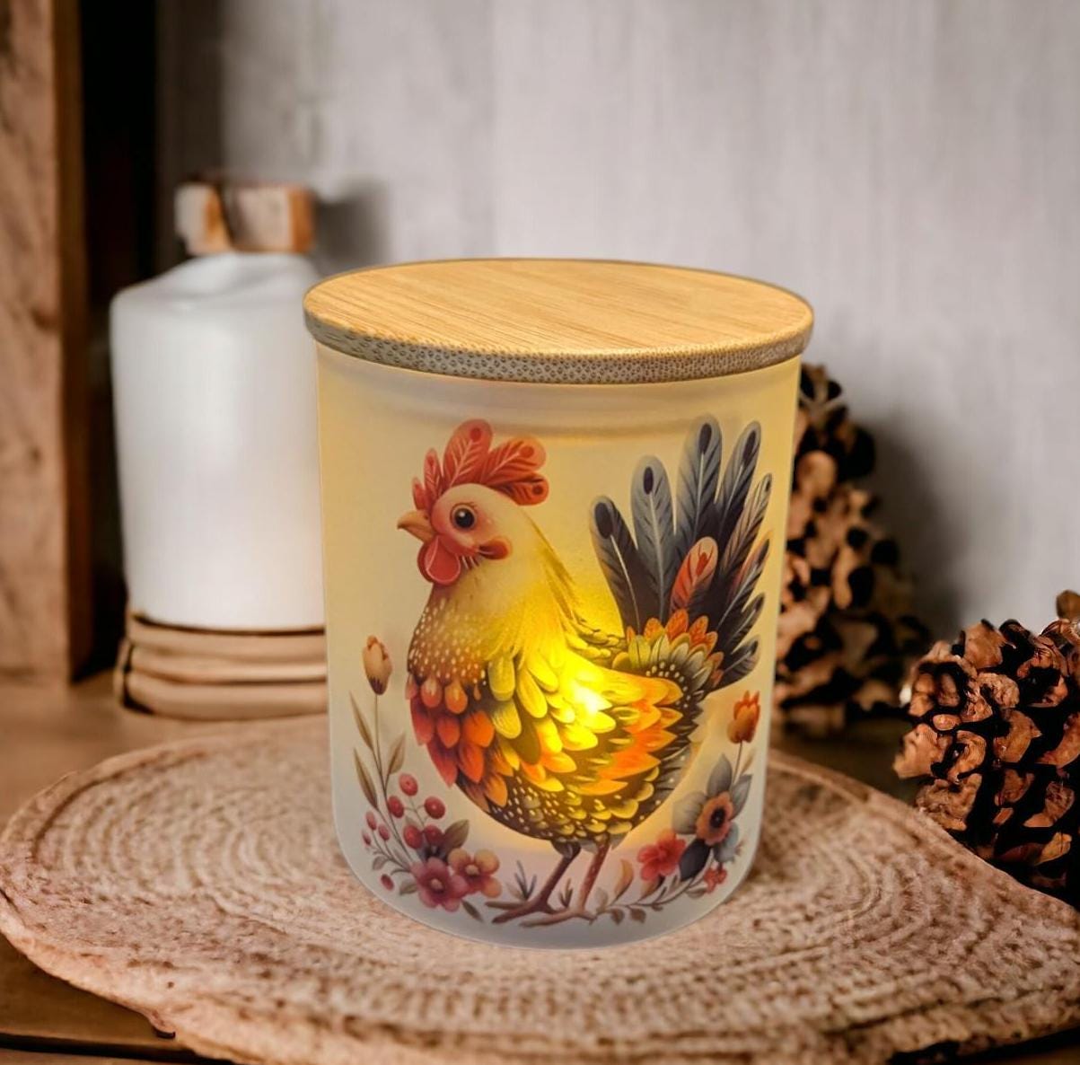 Colorful Chicken Candle Holder With A Battery Operated Flickering Tea Light
