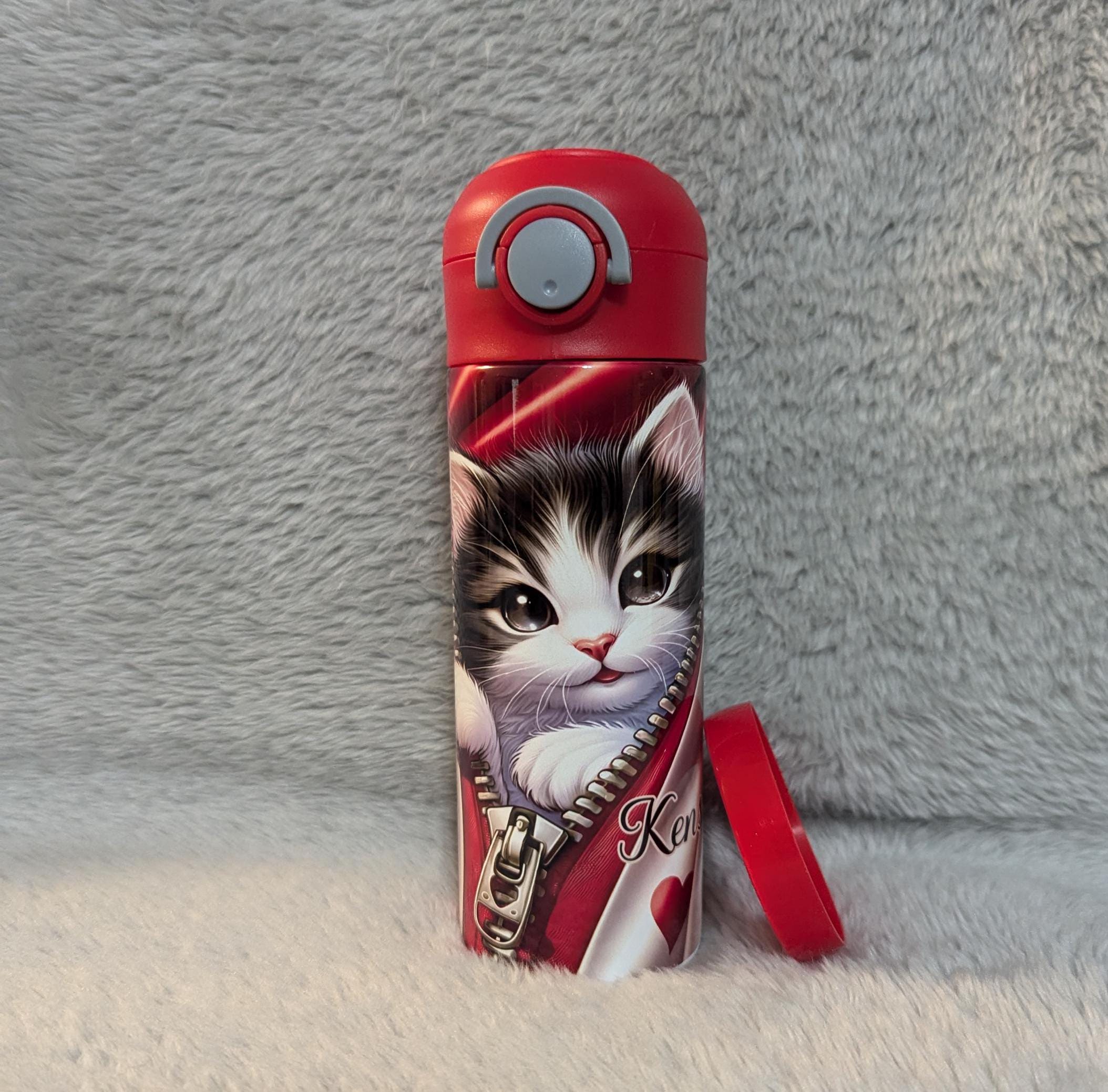 Adorable Kids Kitten Water Bottle 12oz With Reusable Straw Can Be Personalized