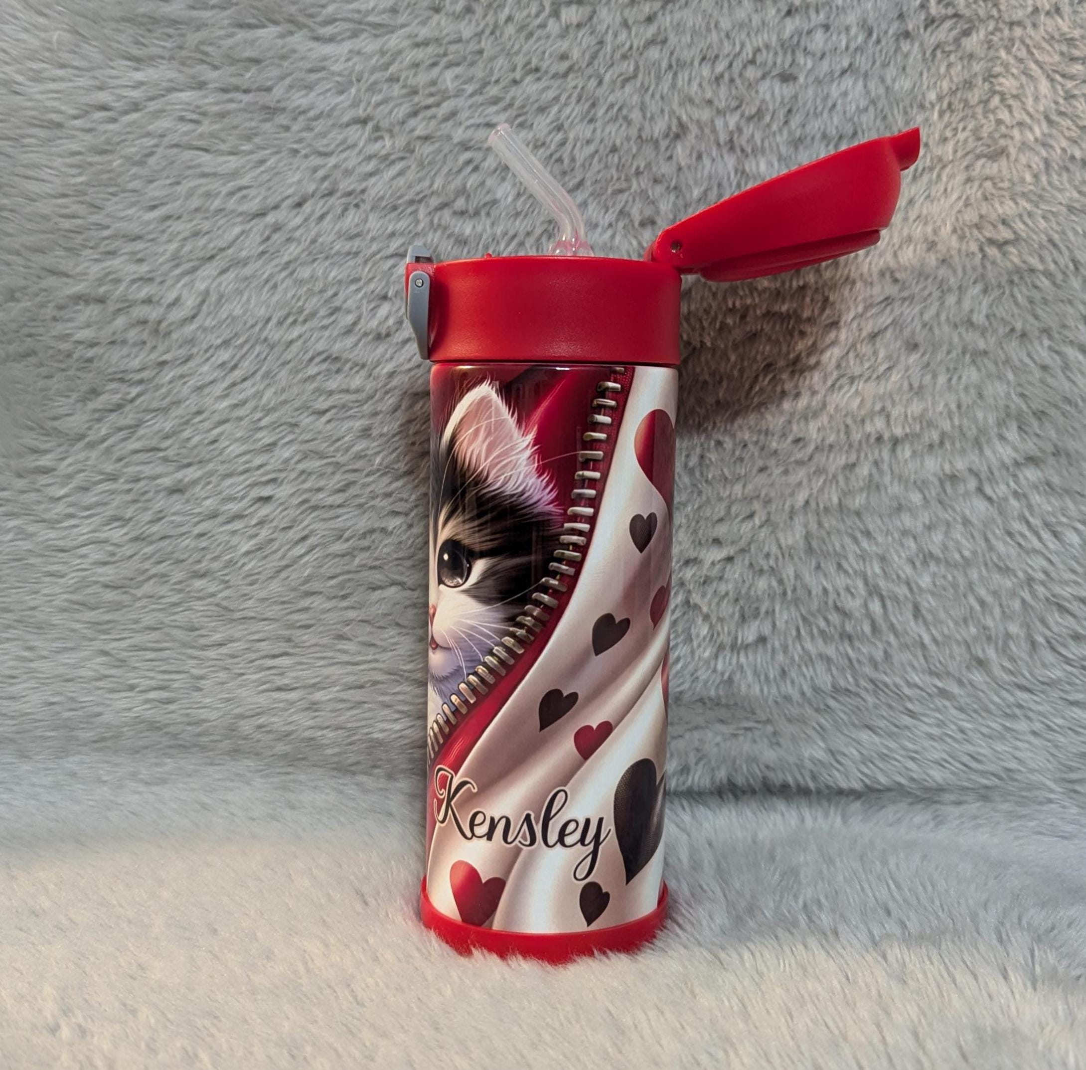 Adorable Kids Kitten Water Bottle 12oz With Reusable Straw Can Be Personalized