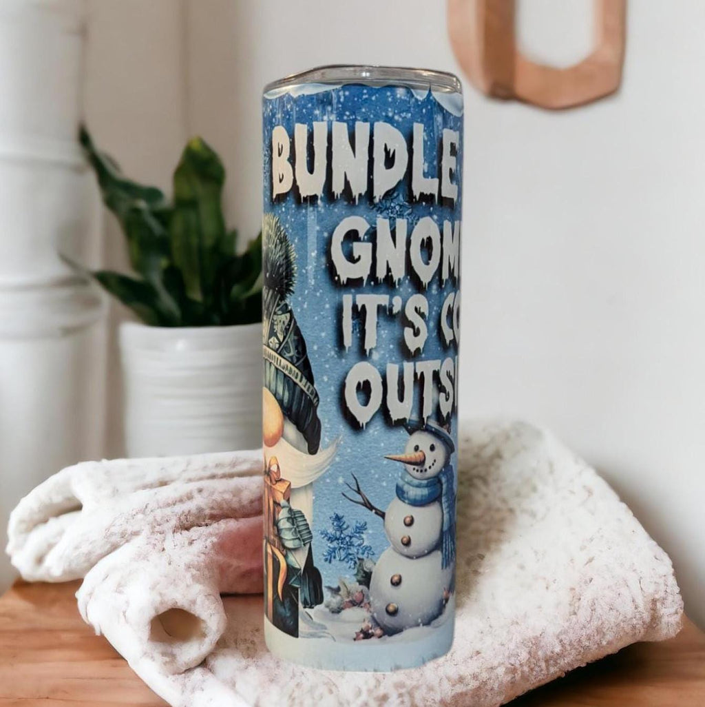 Bundle Up Gnomies It's Cold Outside Gnome Tumbler 20oz With Reusable Straw, Can Be Personalized