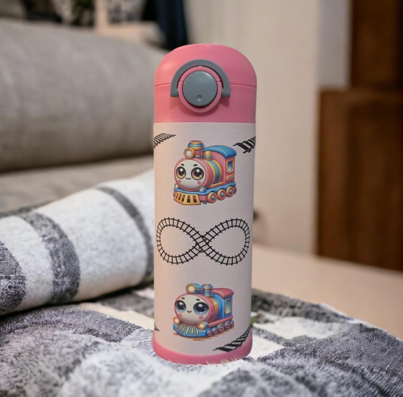 Kids Train Water Bottle 12oz With Reusable Straw,Can Be Personalized