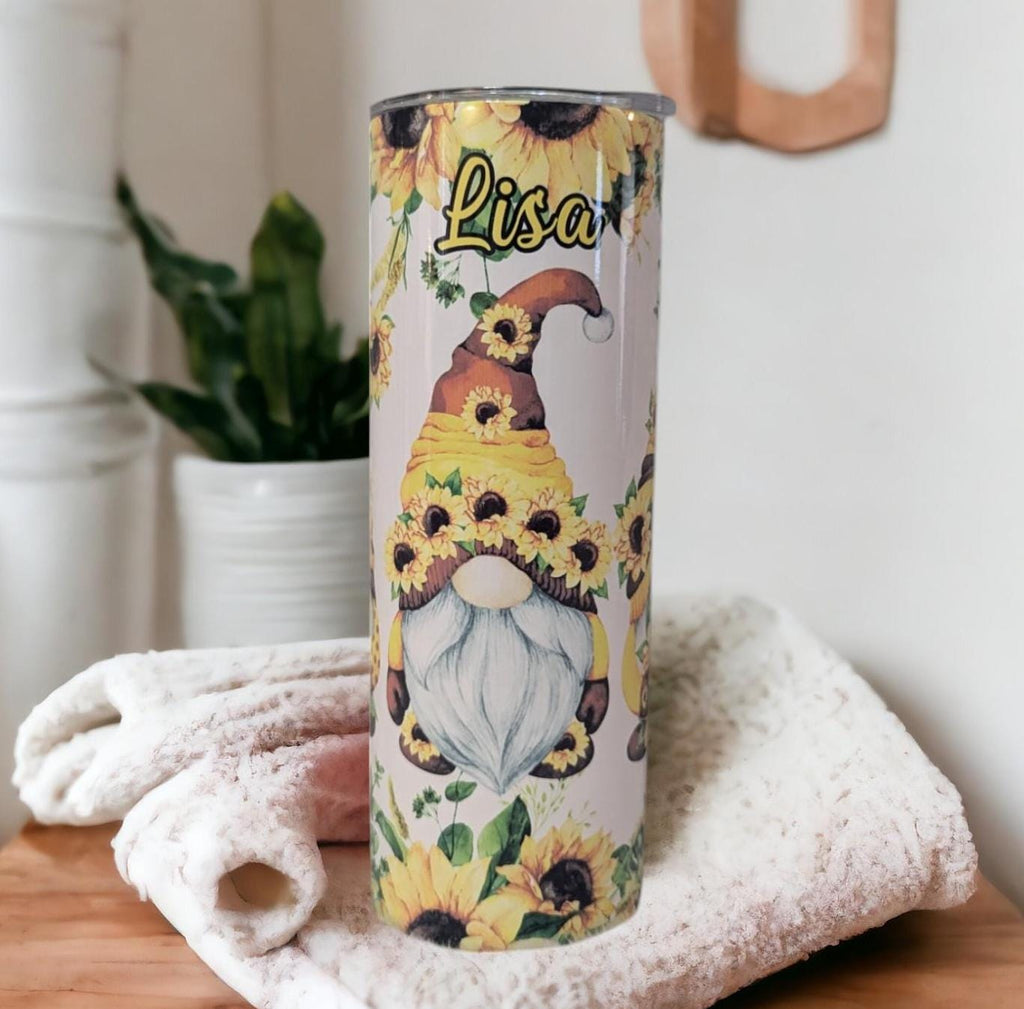Gnome With Sunflowers Tumbler 20oz With Reusable Straw, Can Be Personalized