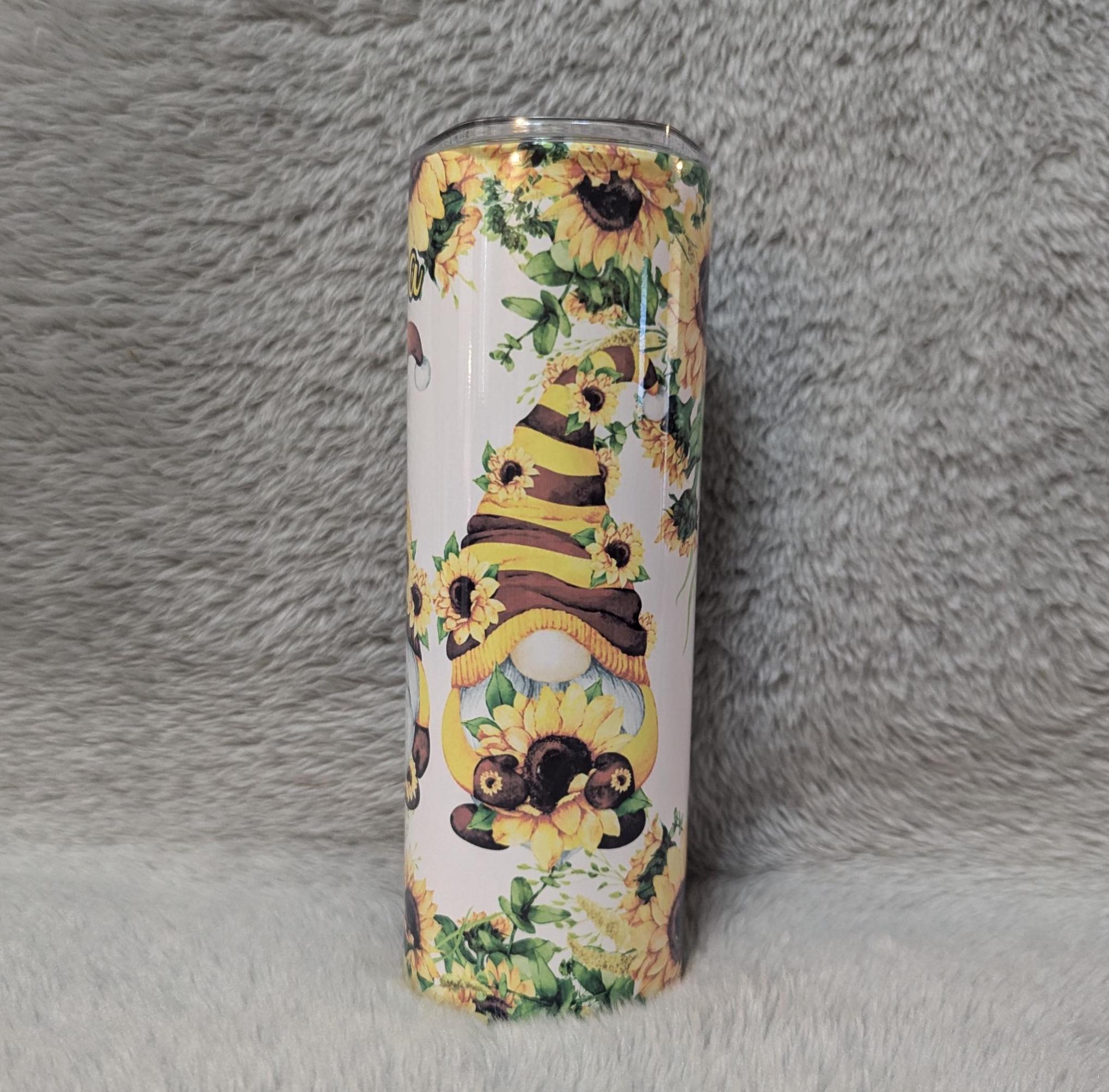 Gnome With Sunflowers Tumbler 20oz With Reusable Straw, Can Be Personalized