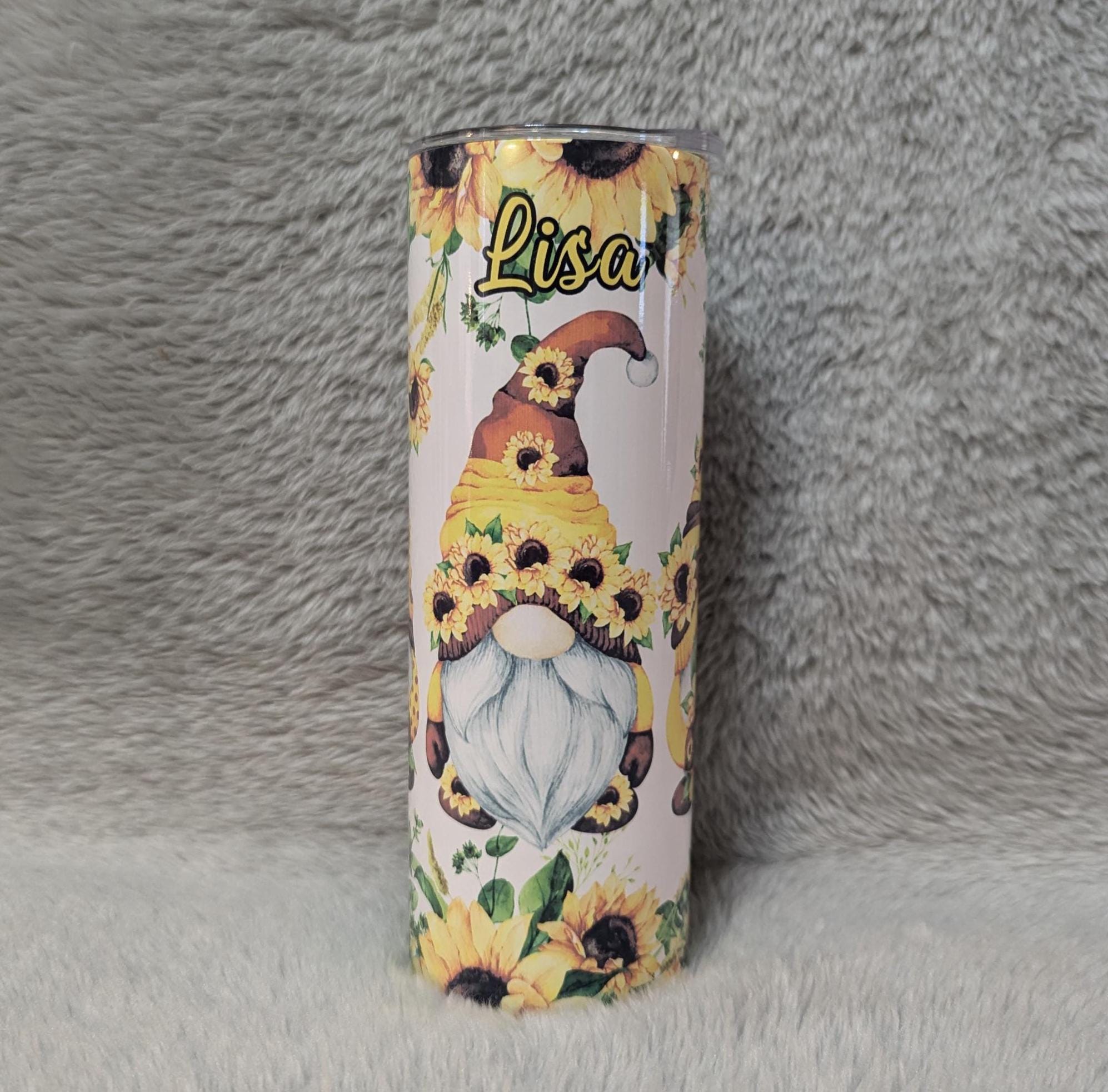 Gnome With Sunflowers Tumbler 20oz With Reusable Straw, Can Be Personalized