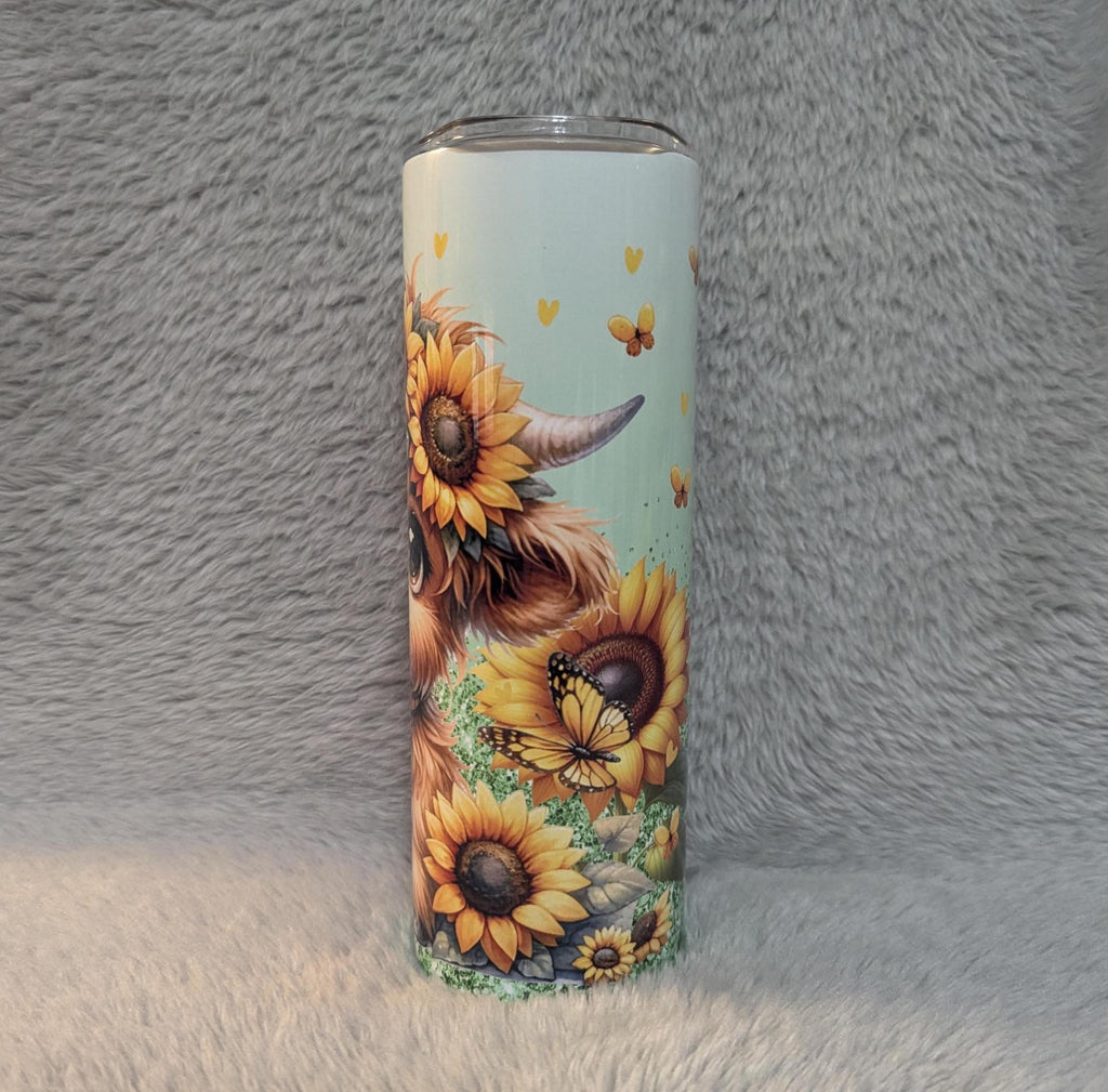 Sunflower Highland Cow Tumbler 20oz With Reusable Straw, Can Be Personalized