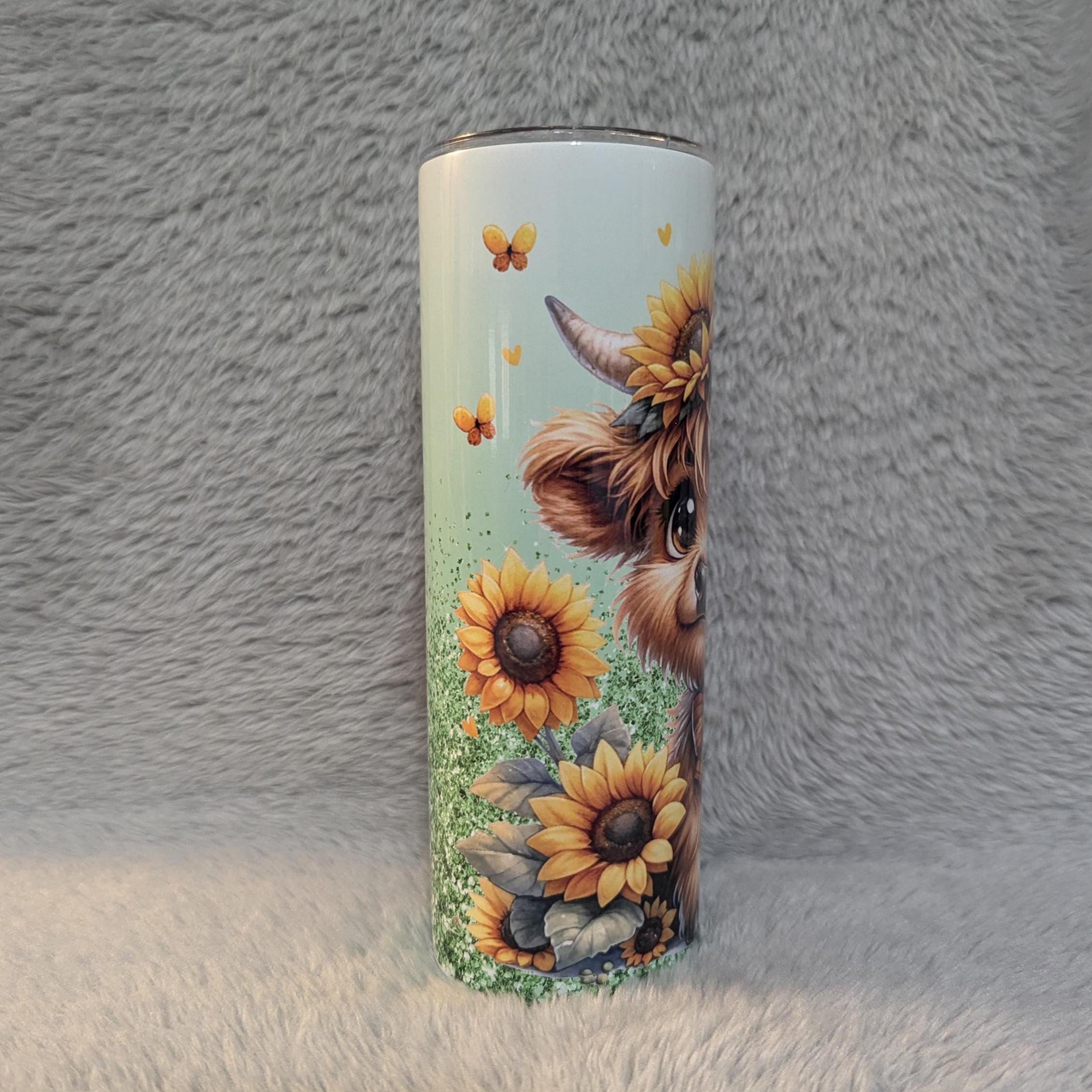 Sunflower Highland Cow Tumbler 20oz With Reusable Straw, Can Be Personalized