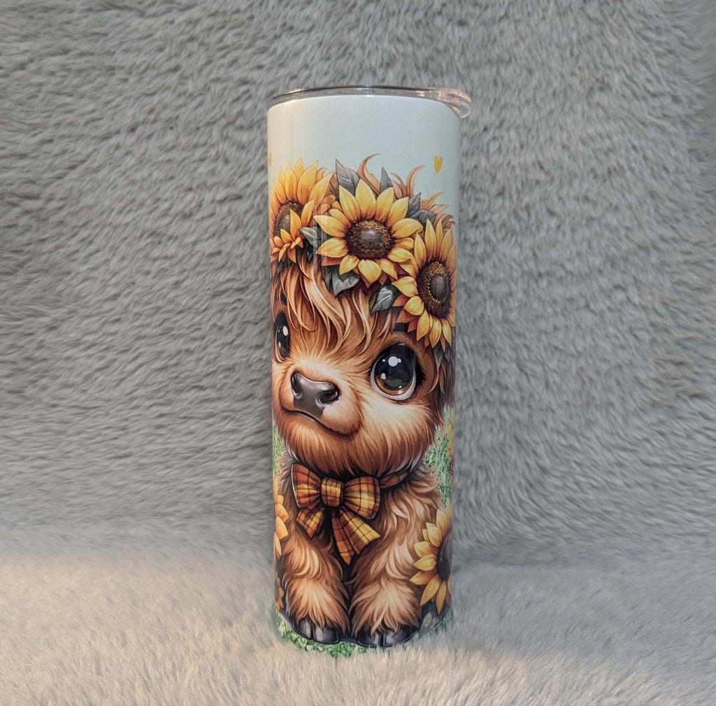 Sunflower Highland Cow Tumbler 20oz With Reusable Straw, Can Be Personalized