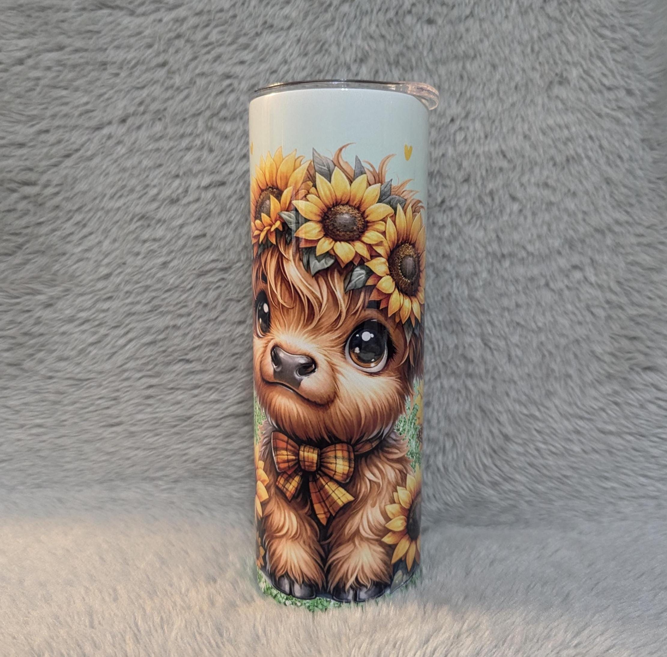 Sunflower Highland Cow Tumbler 20oz With Reusable Straw, Can Be Personalized