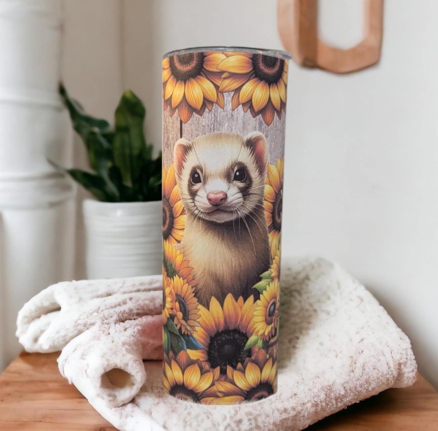 Sunflower Ferret Tumbler 20oz With Reusable Straw, Can Be Personalized