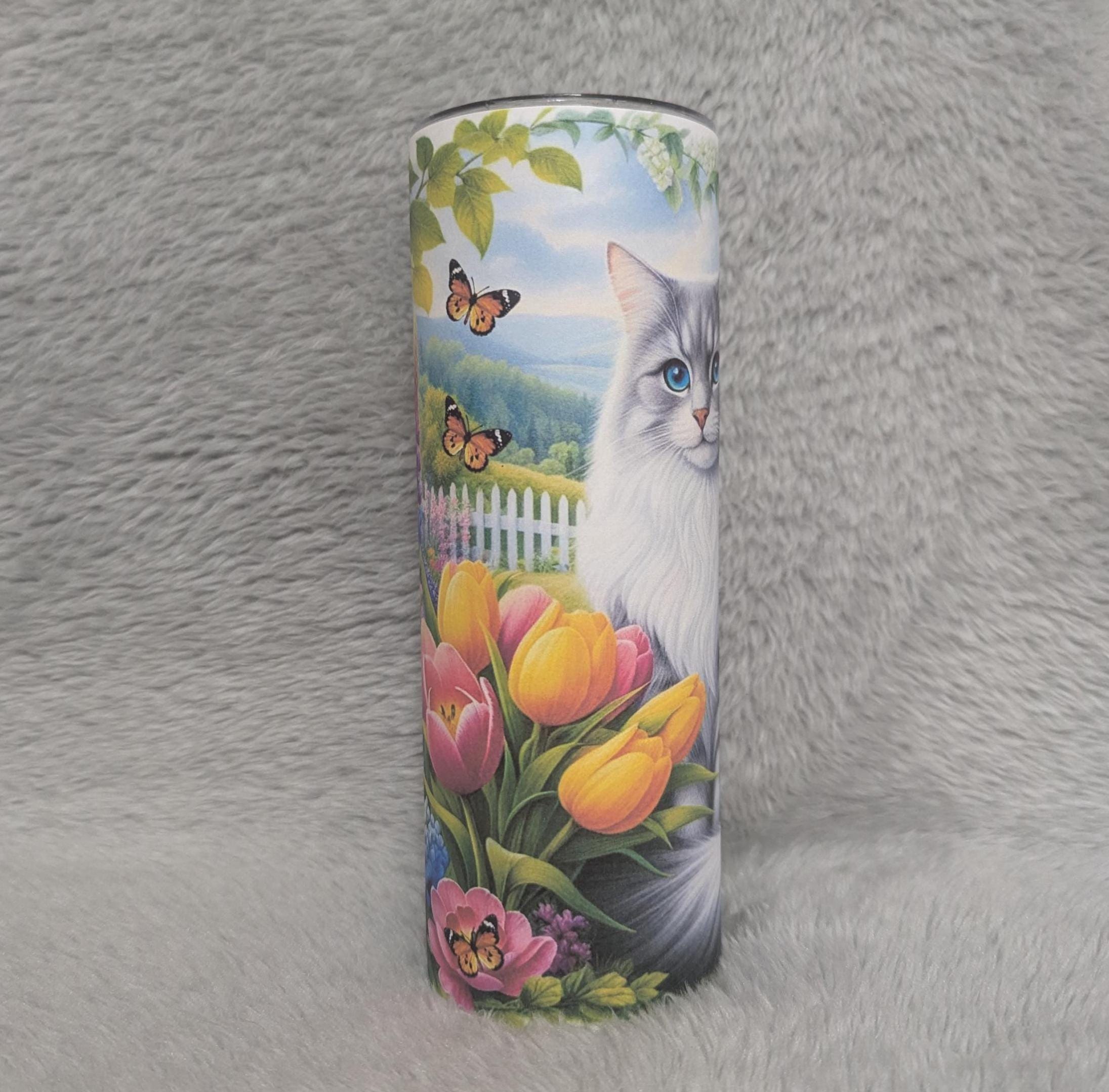 Floral Cat Tumbler 20oz With Reusable Straw, Can Be Personalized