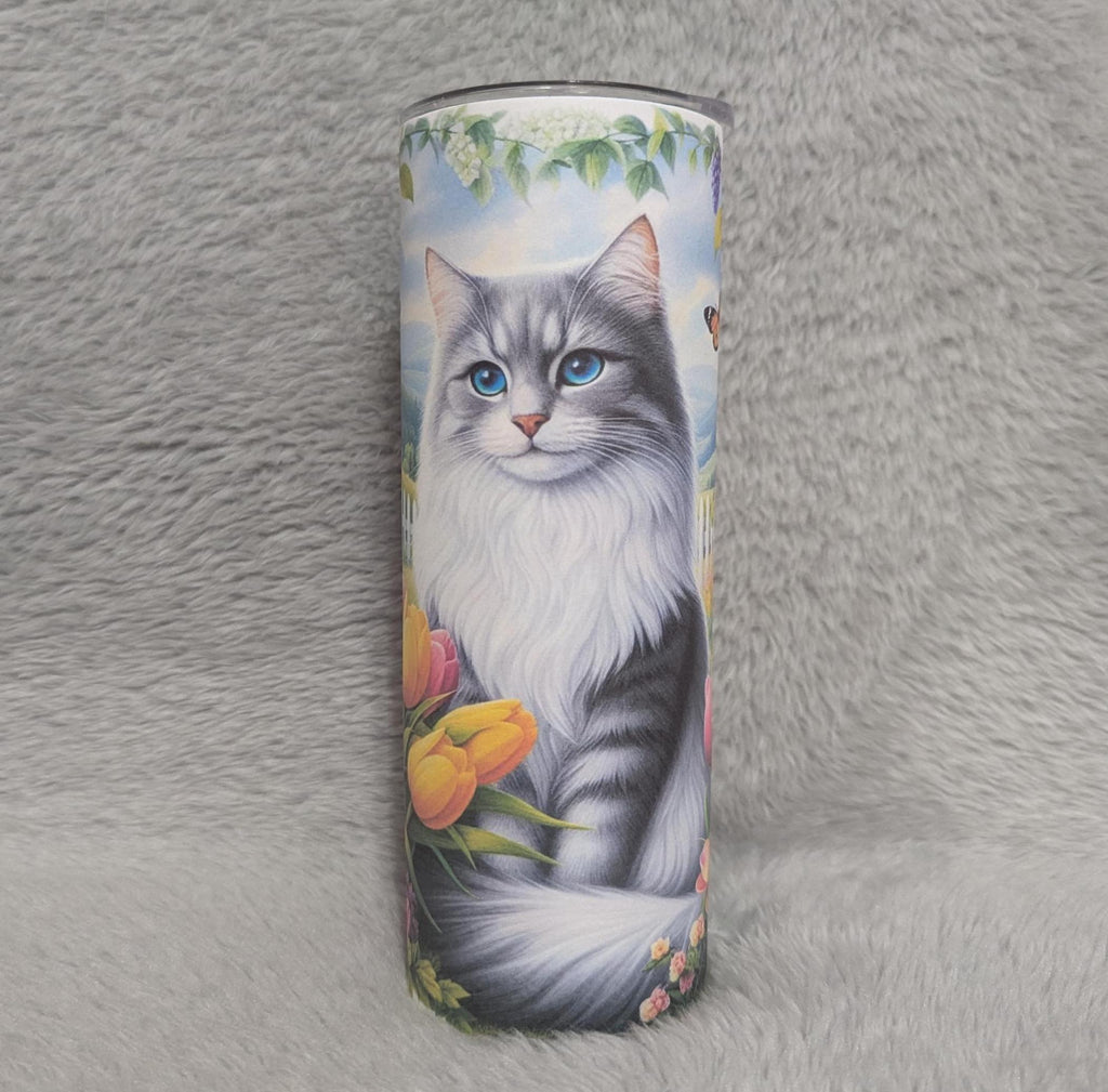 Floral Cat Tumbler 20oz With Reusable Straw, Can Be Personalized