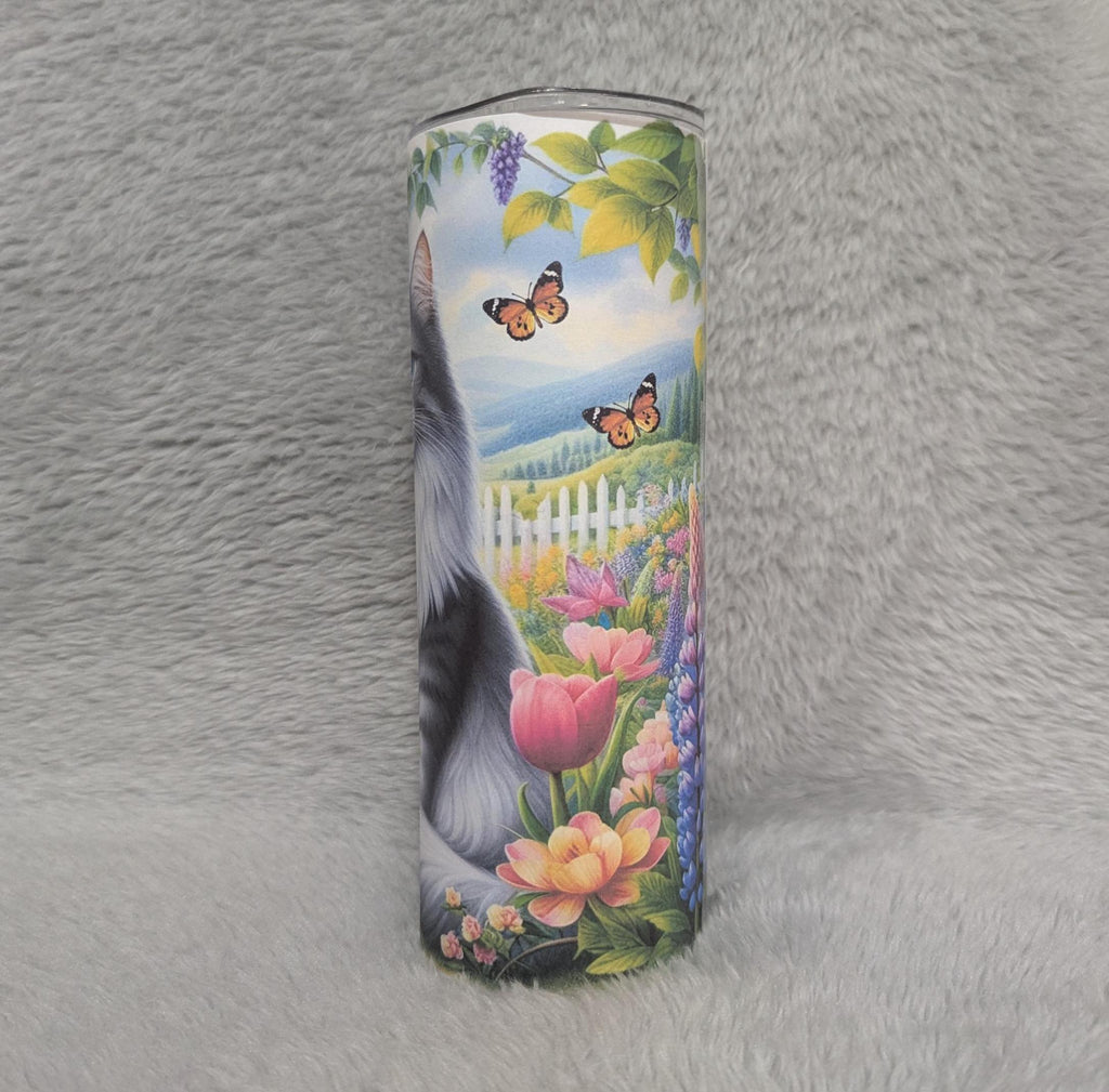 Floral Cat Tumbler 20oz With Reusable Straw, Can Be Personalized
