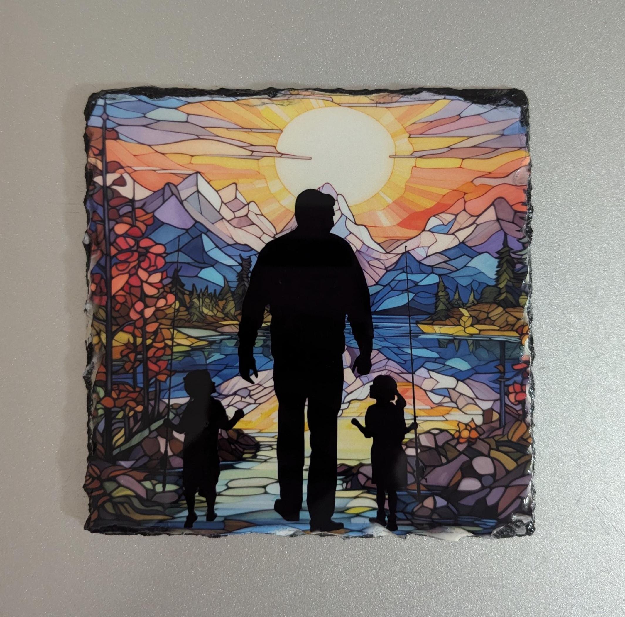 Father and Children Fishing Slate Picture With Display Legs
