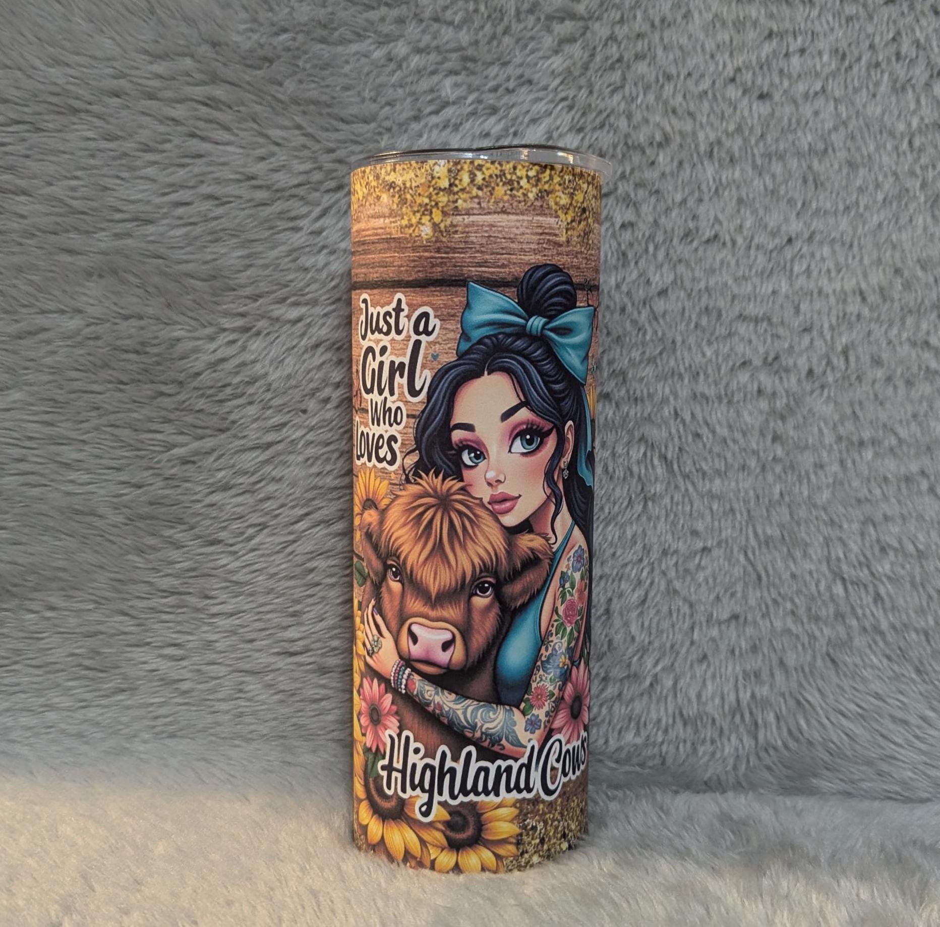 Just A Girl Who Loves Highland Cows Tumbler With A Pretty Glitter Design, With A Reusable Straw, Can Be Personalized, Highland Cow Gift