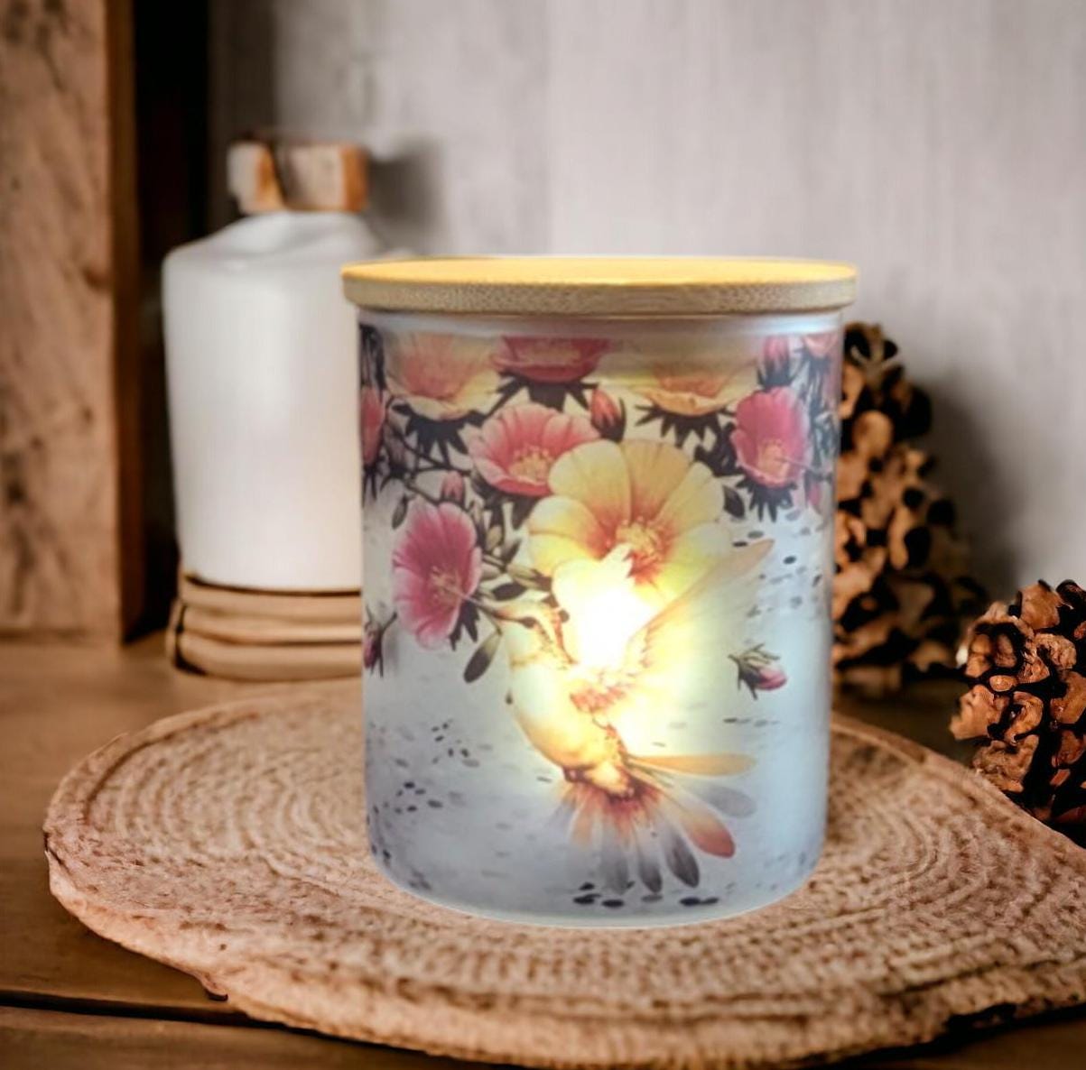 Glass Hummingbird Candle Holder With A Battery Operated Flickering Tea Light