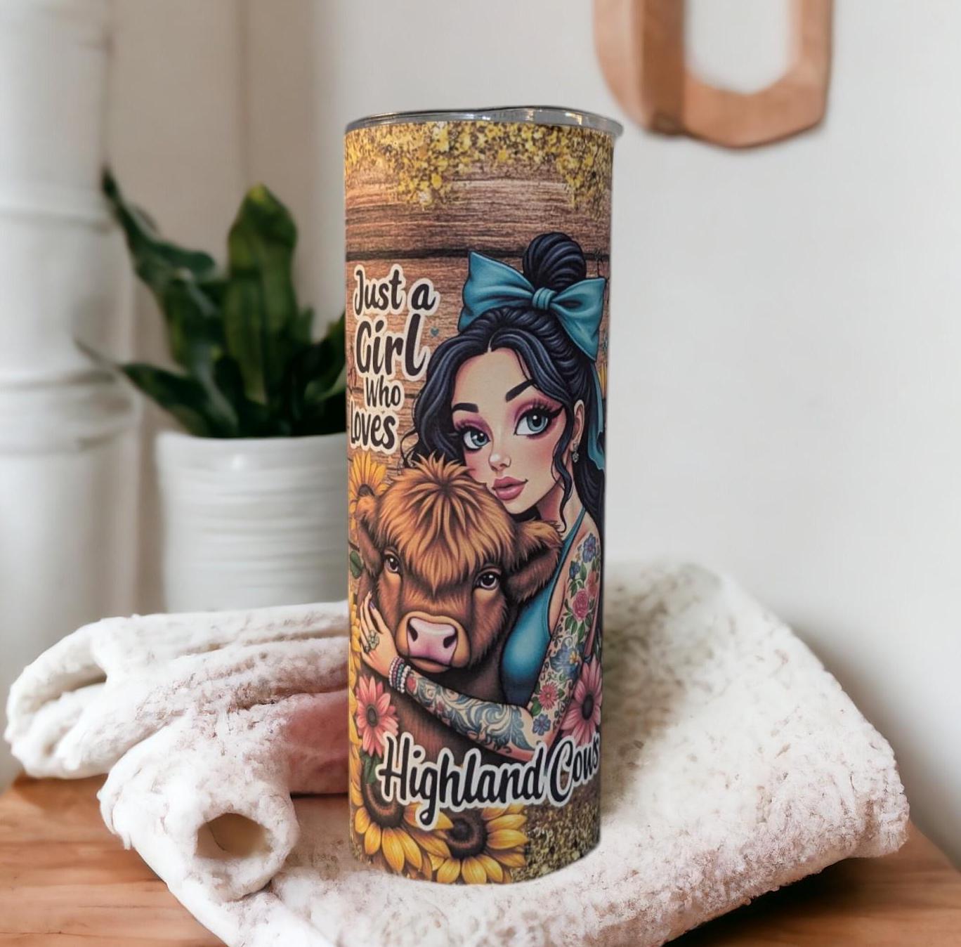 Just A Girl Who Loves Highland Cows Tumbler With A Pretty Glitter Design, With A Reusable Straw, Can Be Personalized, Highland Cow Gift