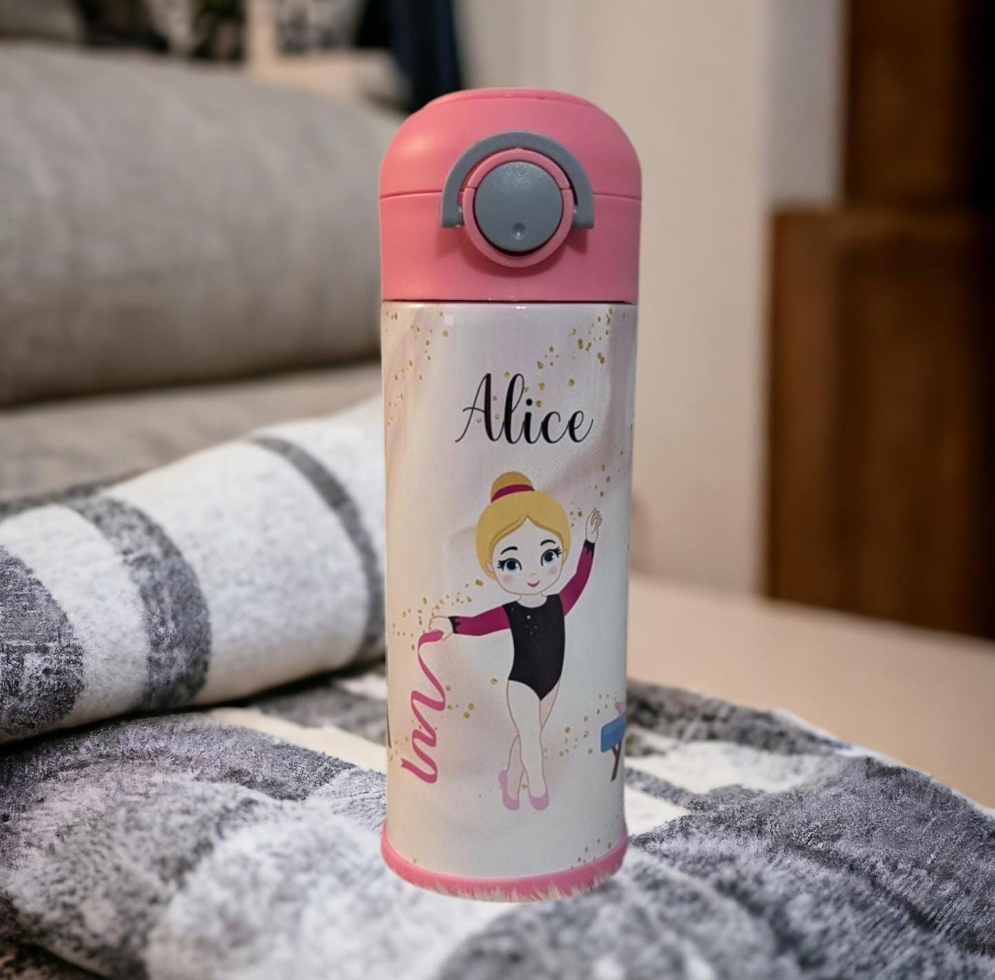 Kids Gymnast Water bottle 12oz With Reusable Straw Can Be Personalized