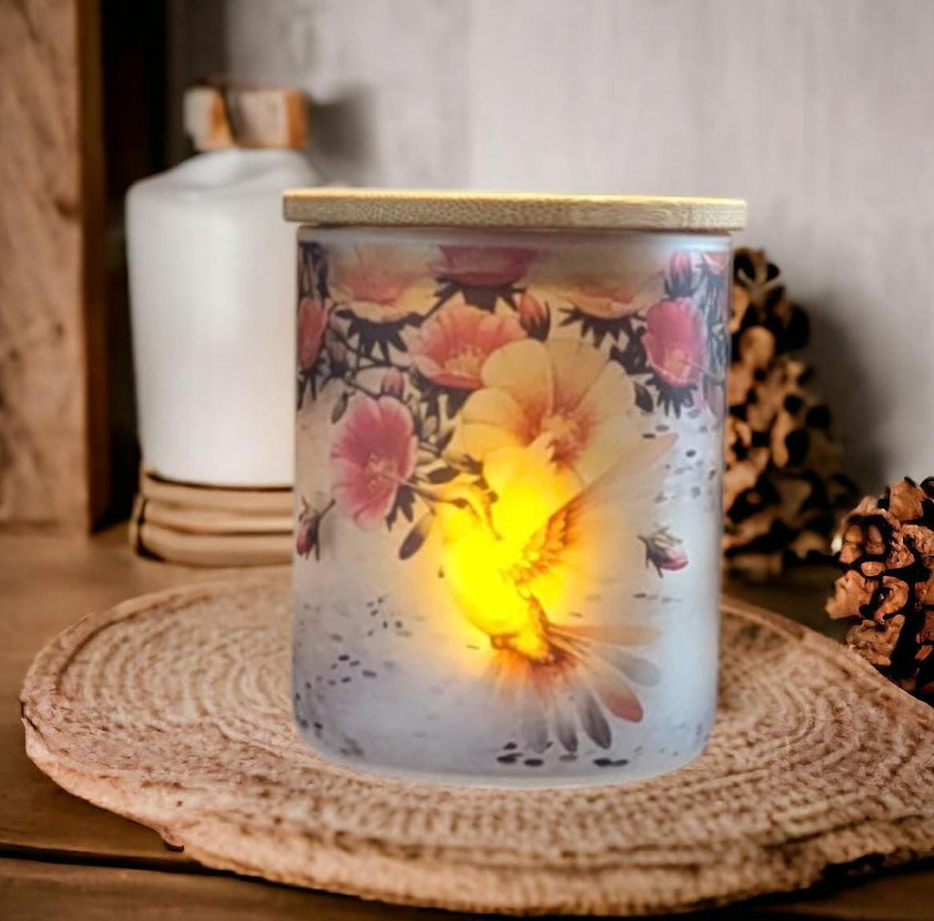 Glass Hummingbird Candle Holder With A Battery Operated Flickering Tea Light