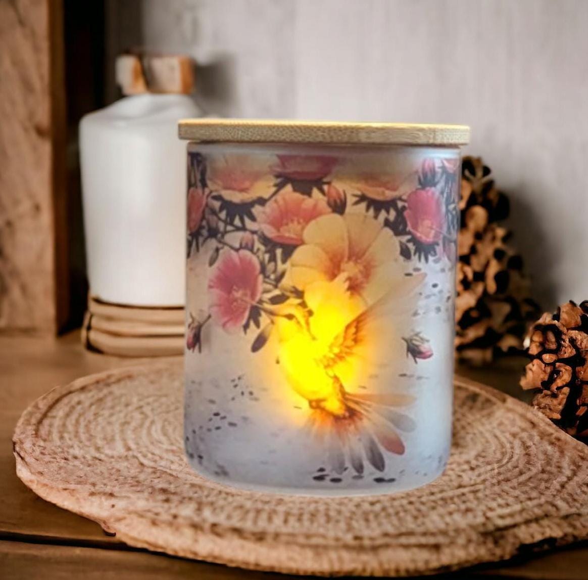 Glass Hummingbird Candle Holder With A Battery Operated Flickering Tea Light