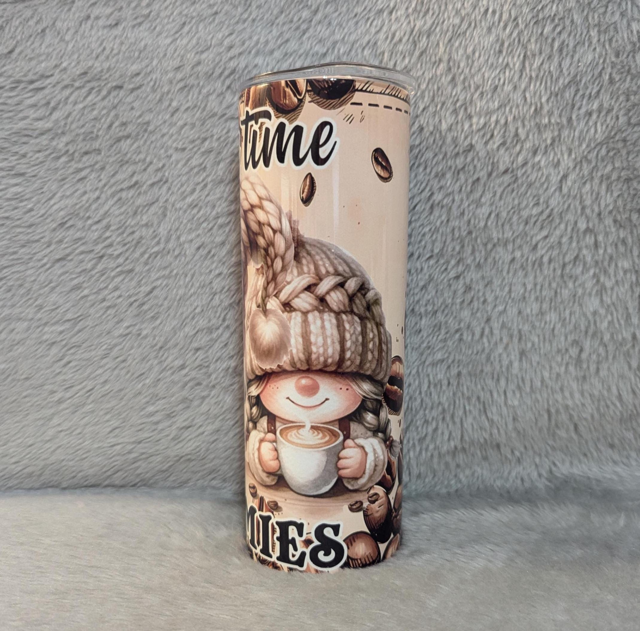 Coffee Time Gnomies Tumbler, Gnome Tumbler With Reusable Straw, Gnome Gift, Gnome Coffee Tumbler, 20oz Skinny Tumbler