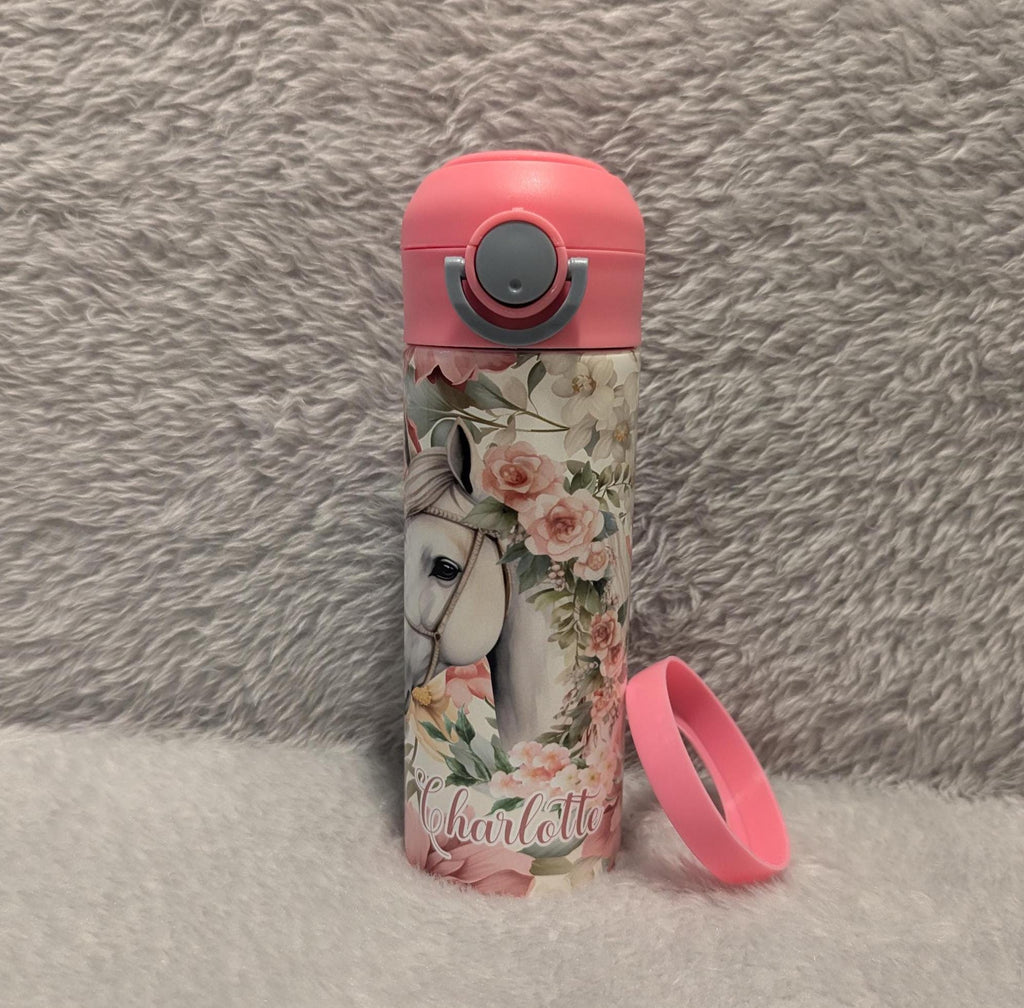 Kids Horse Water Bottle 12oz With Reusable Straw Can Be Personalized
