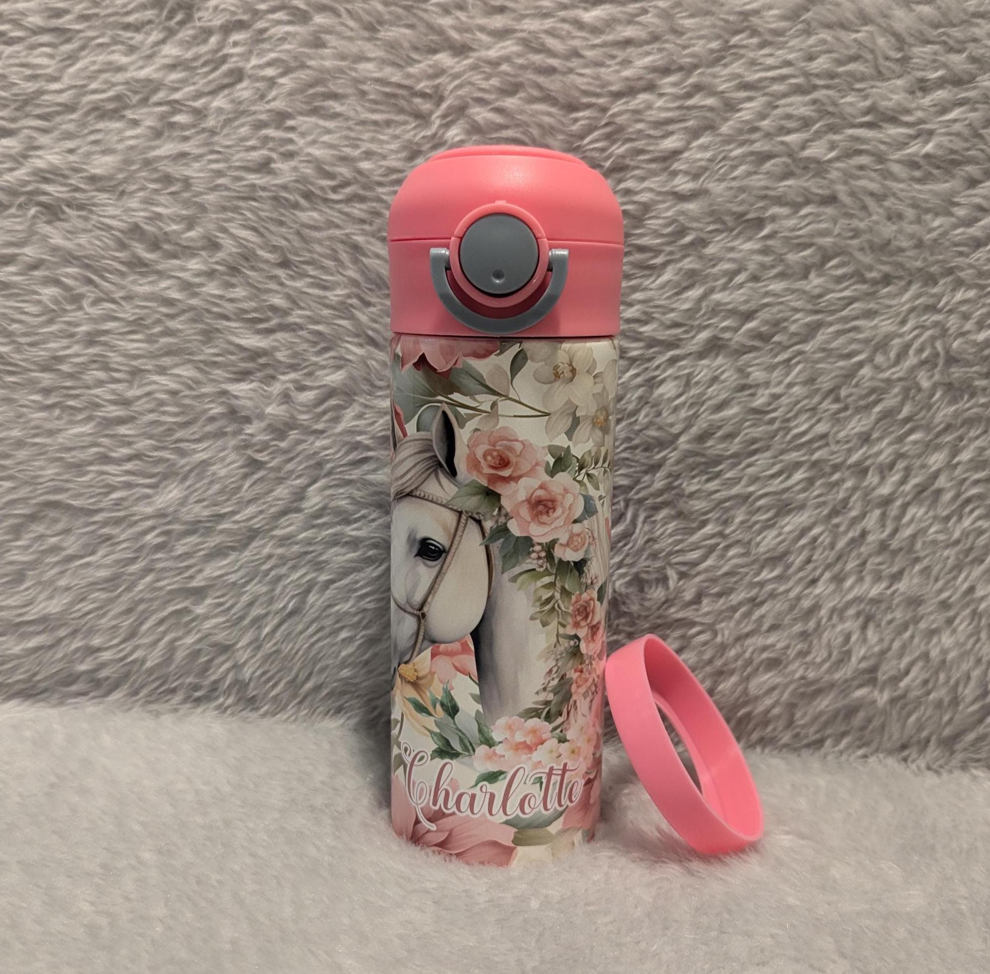 Kids Horse Water Bottle 12oz With Reusable Straw Can Be Personalized