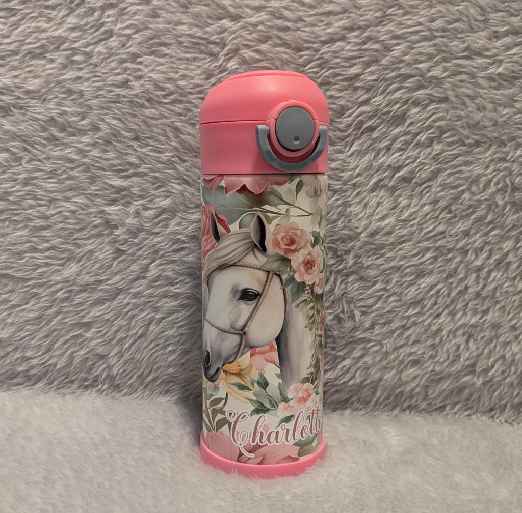 Kids Horse Water Bottle 12oz With Reusable Straw Can Be Personalized