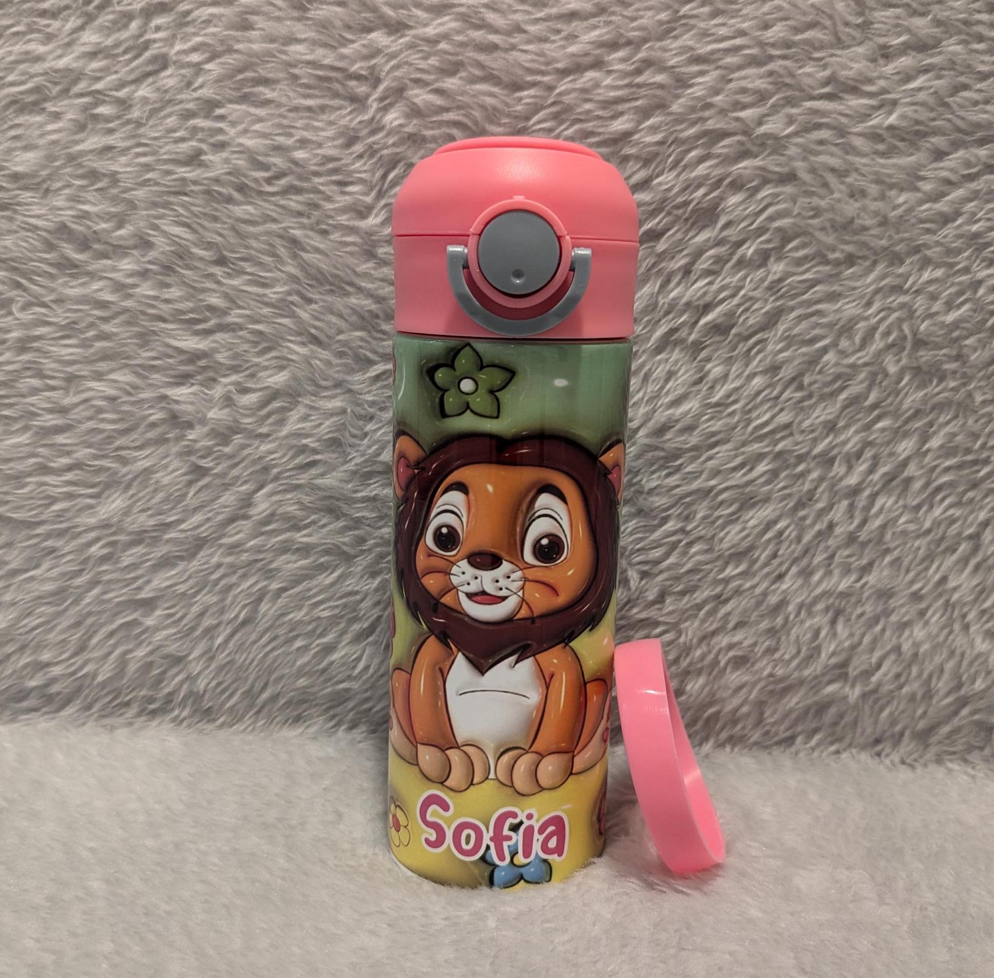 Kids Lion Water Bottle 12oz With Reusable Straw Can Be Personalized
