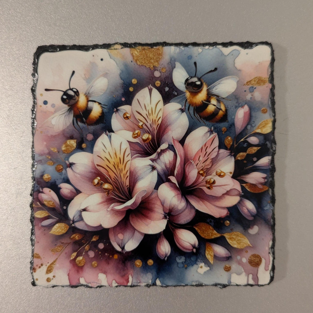 Floral Slate Bee Picture With Display Legs