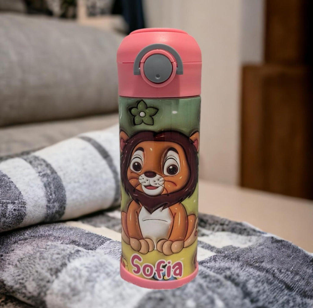 Kids Lion Water Bottle 12oz With Reusable Straw Can Be Personalized