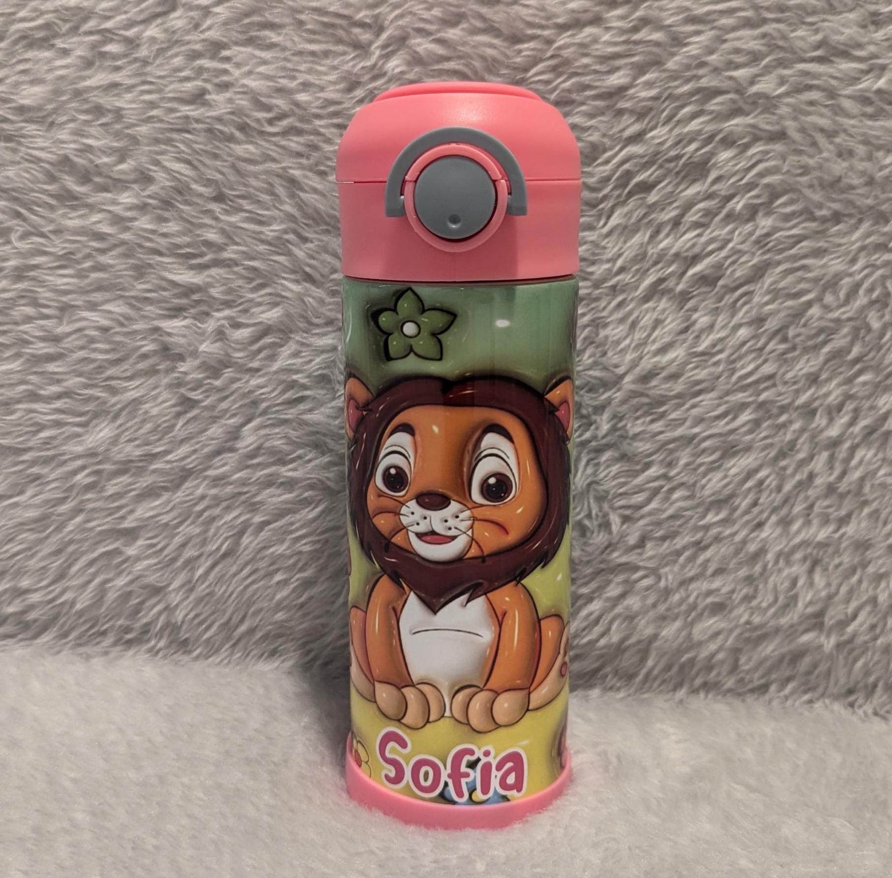 Kids Lion Water Bottle 12oz With Reusable Straw Can Be Personalized