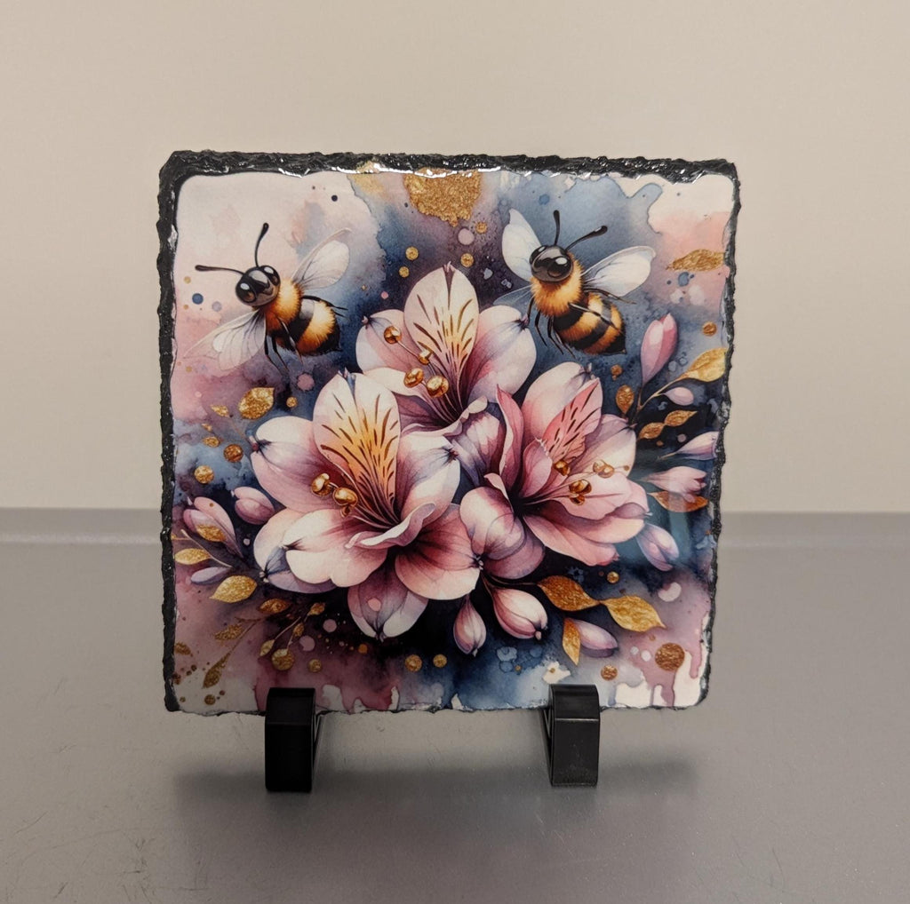 Floral Slate Bee Picture With Display Legs
