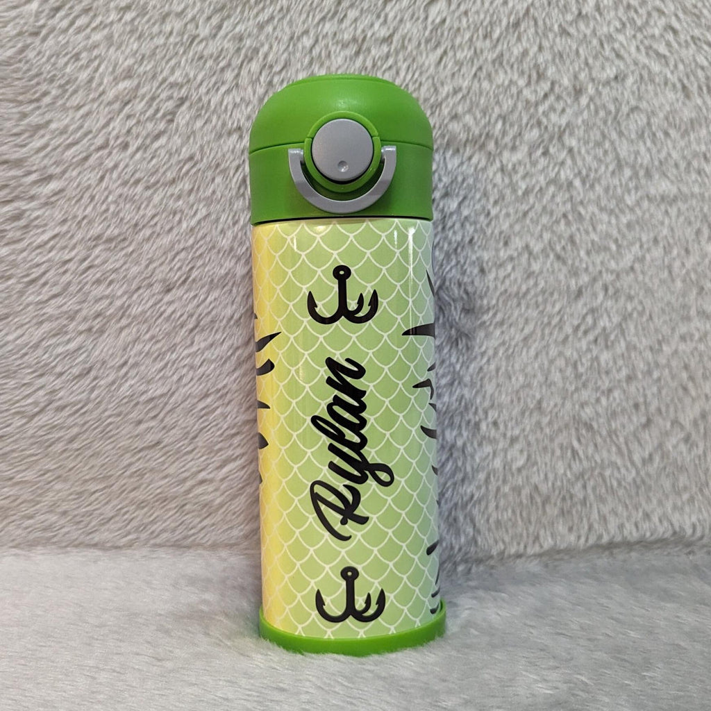 Kids Fishing Lure Water Bottle 12oz With Reusable Straw Can Be Personalized