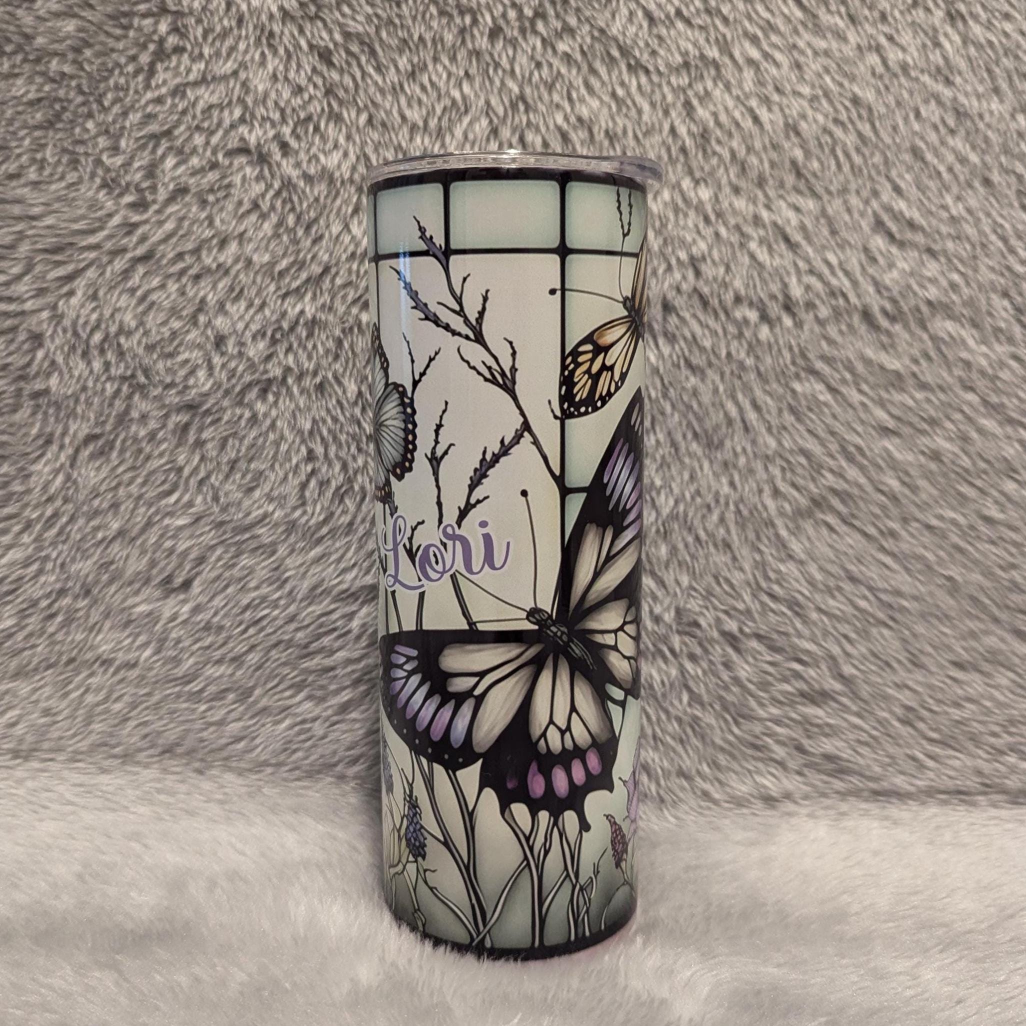 Beautiful Butterfly Tumbler With A Stained Glass Design  20oz With Reusable Straw, Can Be Personalized