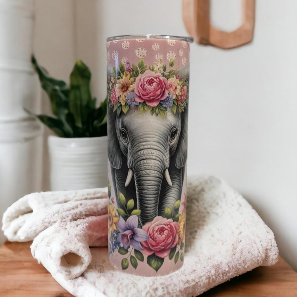 Floral Elephant Tumbler 20oz With Reusable Straw, Can Be Personalized