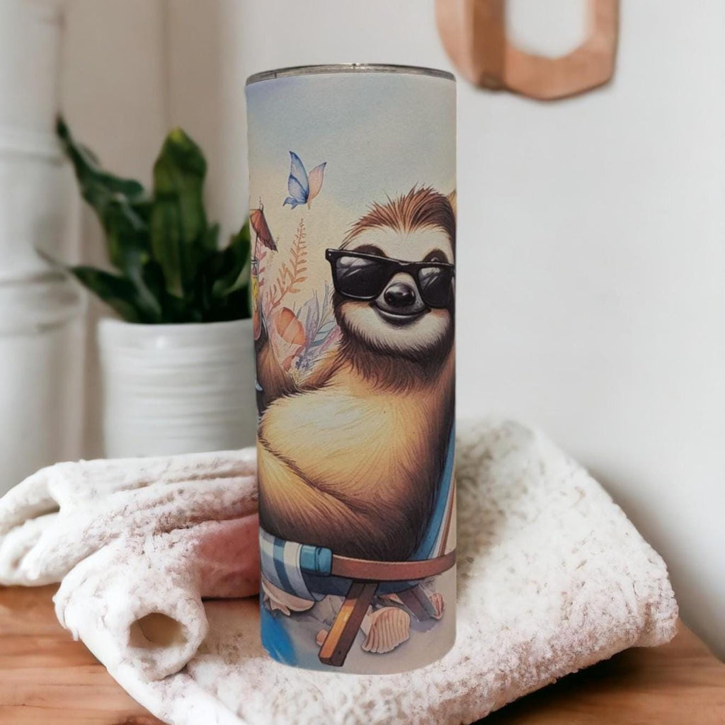 Cute Beach Sloth Tumbler 20oz With Reusable Straw, Can Be Personalized