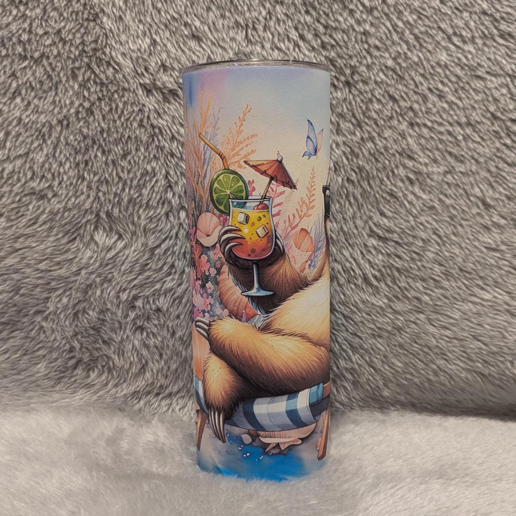 Cute Beach Sloth Tumbler 20oz With Reusable Straw, Can Be Personalized