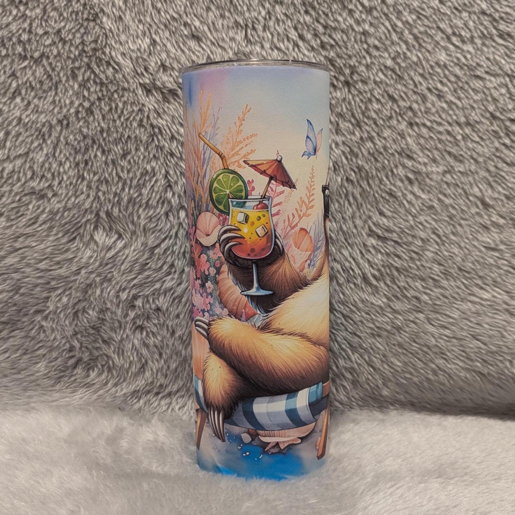 Cute Beach Sloth Tumbler 20oz With Reusable Straw, Can Be Personalized