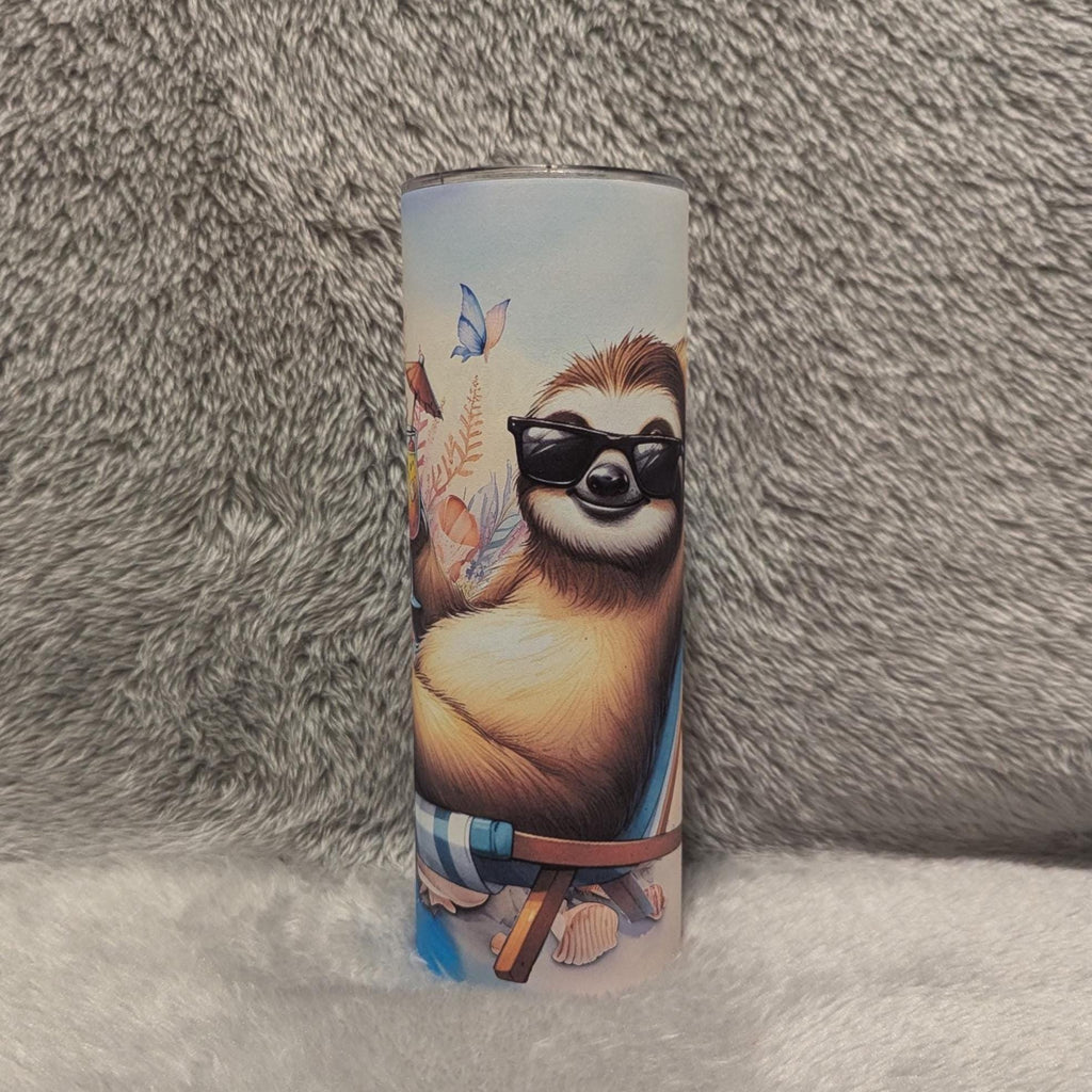 Cute Beach Sloth Tumbler 20oz With Reusable Straw, Can Be Personalized