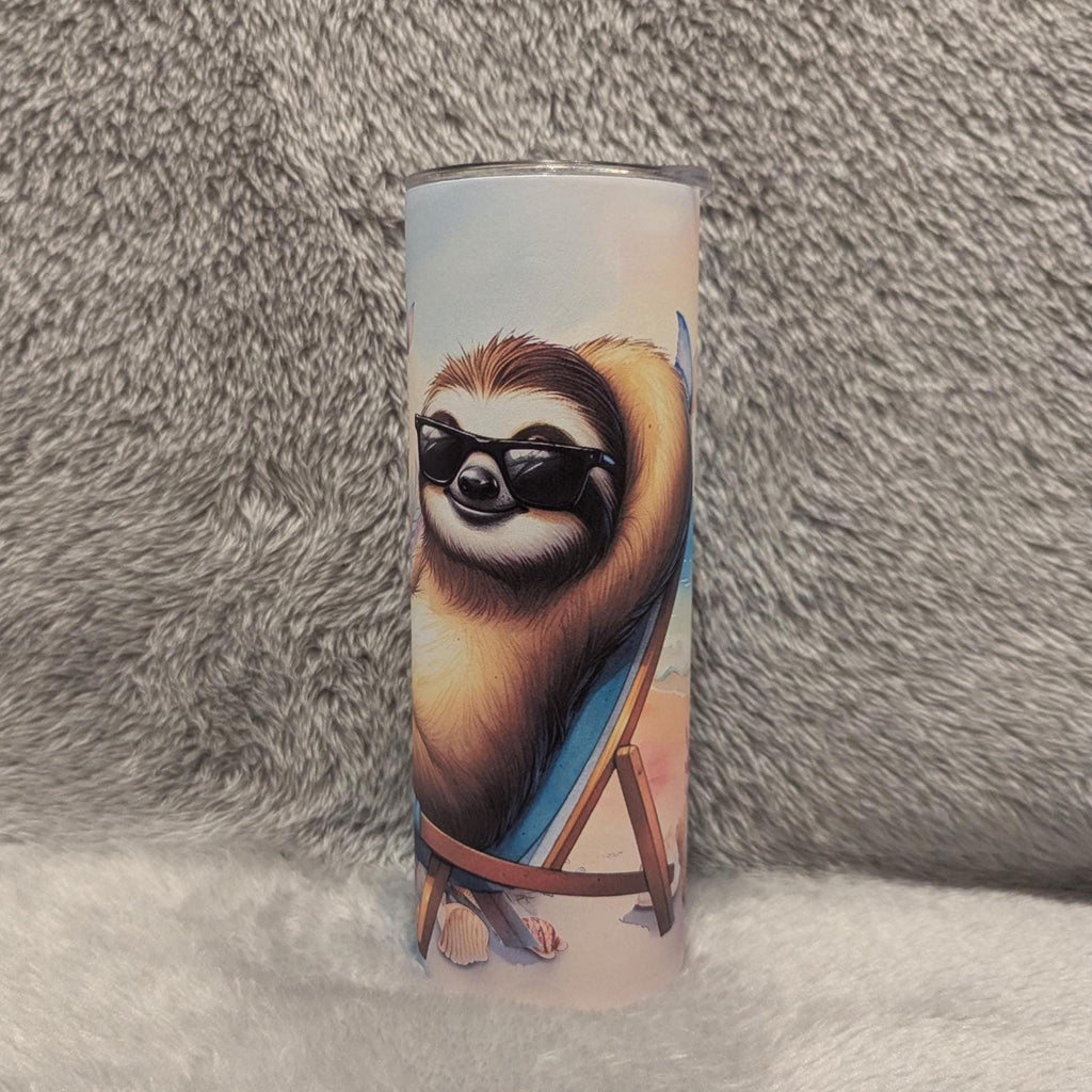 Cute Beach Sloth Tumbler 20oz With Reusable Straw, Can Be Personalized