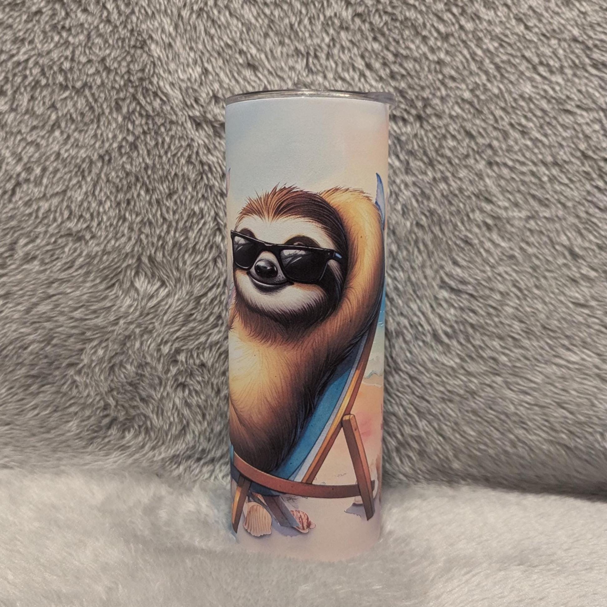 Cute Beach Sloth Tumbler 20oz With Reusable Straw, Can Be Personalized