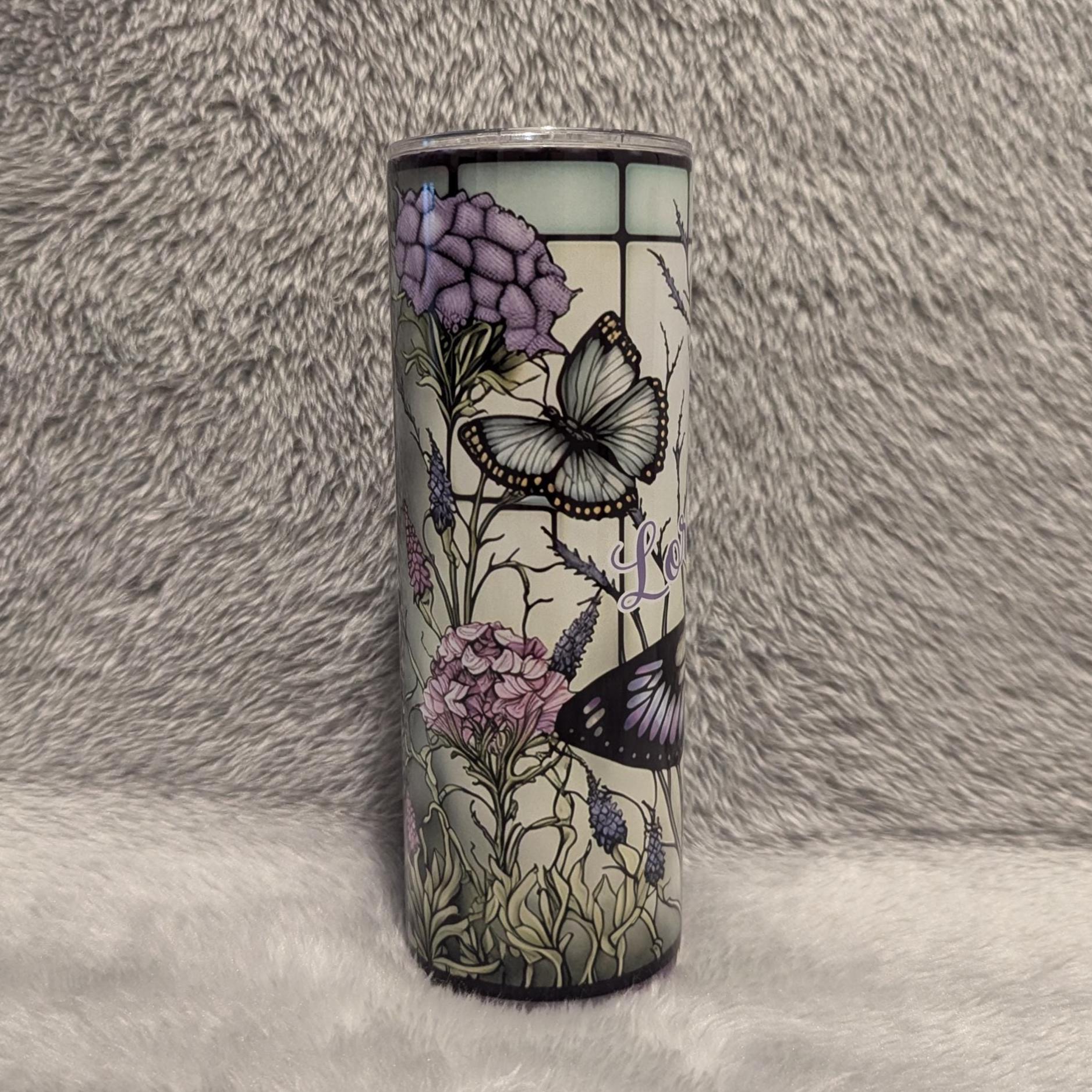 Beautiful Butterfly Tumbler With A Stained Glass Design  20oz With Reusable Straw, Can Be Personalized